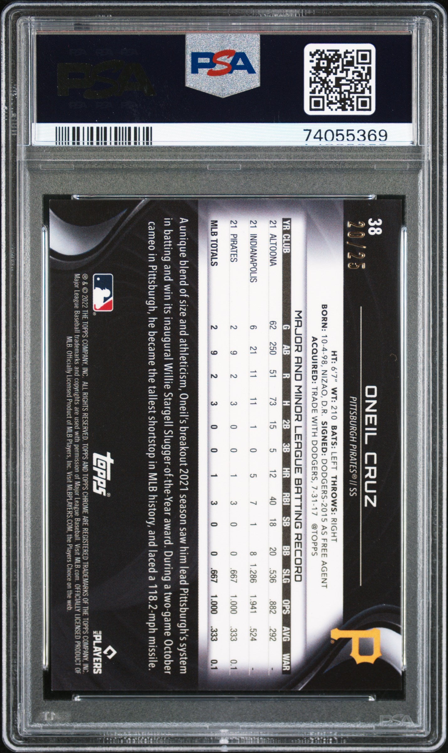 2022 Topps Chrome Black Oneil Cruz #38 Orange Refractor PSA 9