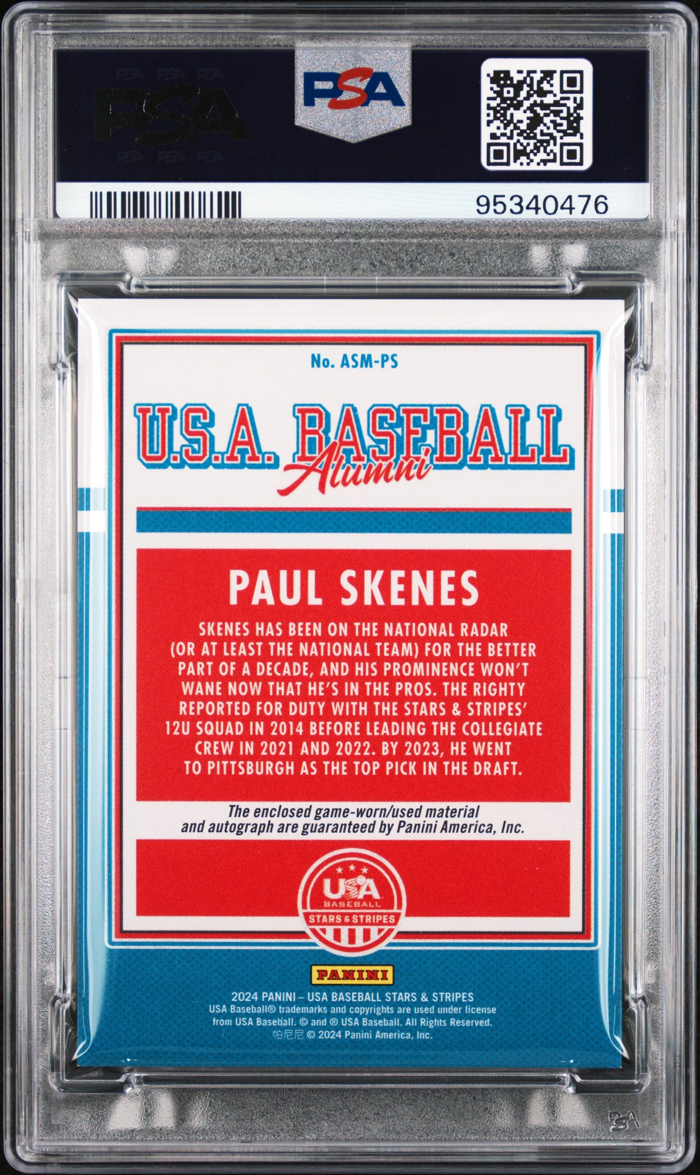 2024 Panini Stars & Stripes Usa Usa Baseball Alumni Signatures Materials Paul Skenes #ASMPS BB Alumni SIG Mat PSA 7