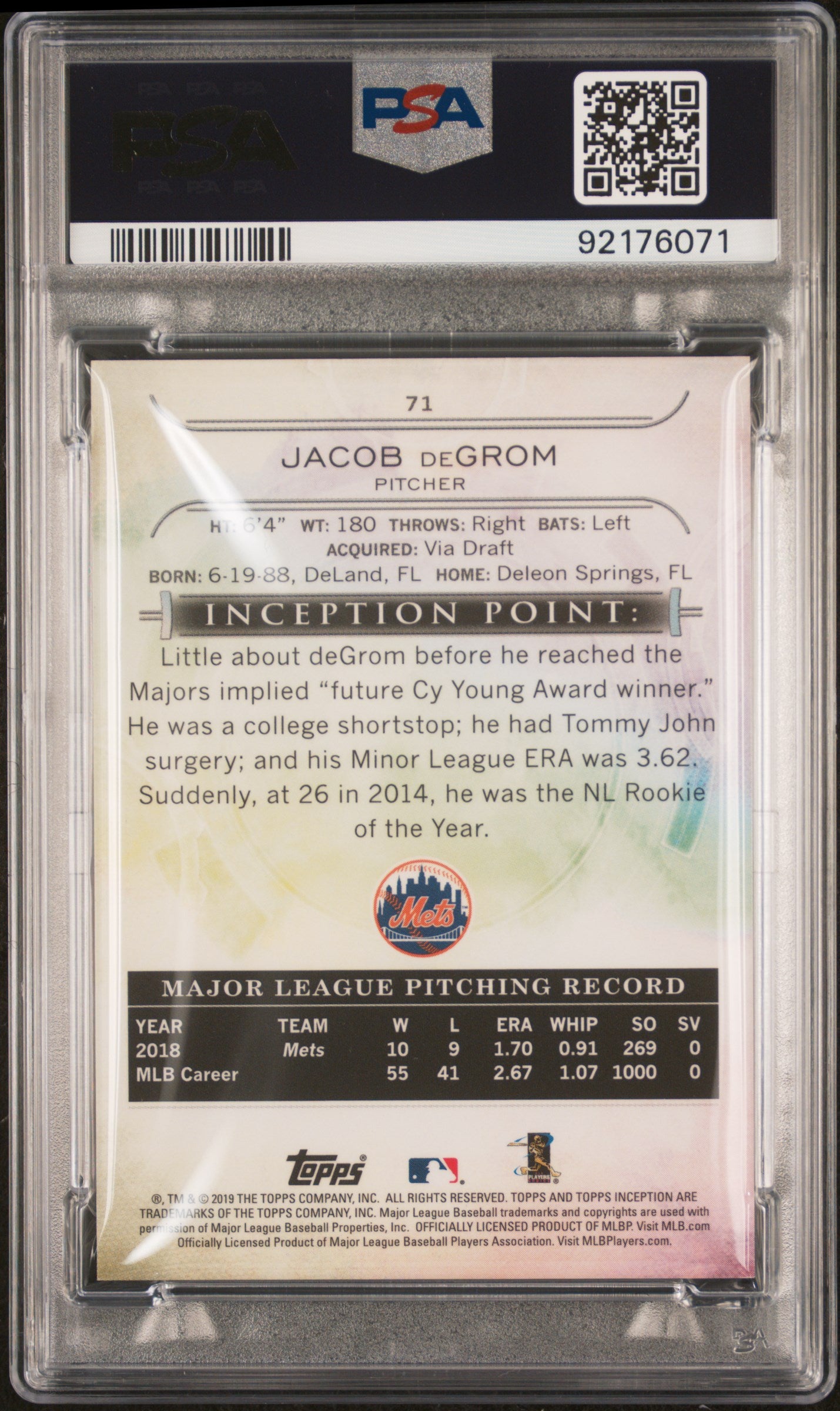 2019 Topps Inception Jacob Degrom #71 PSA 10