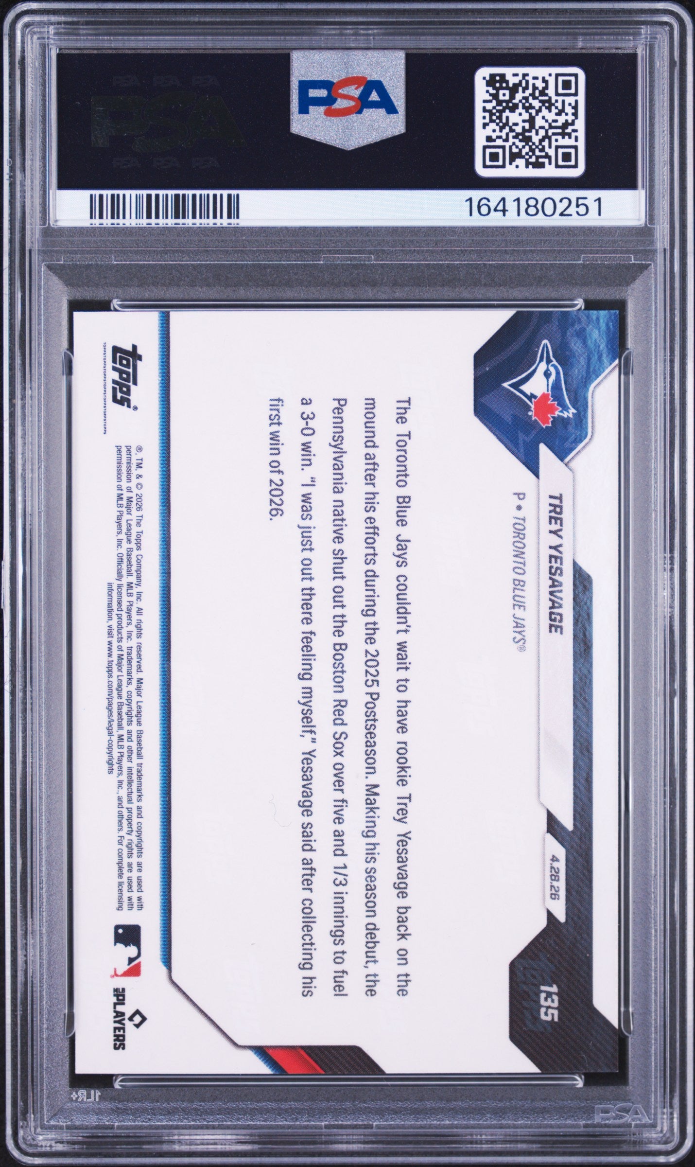 2026 Topps Now Baseball Trey Yesavage #135 Black Foil PSA 10