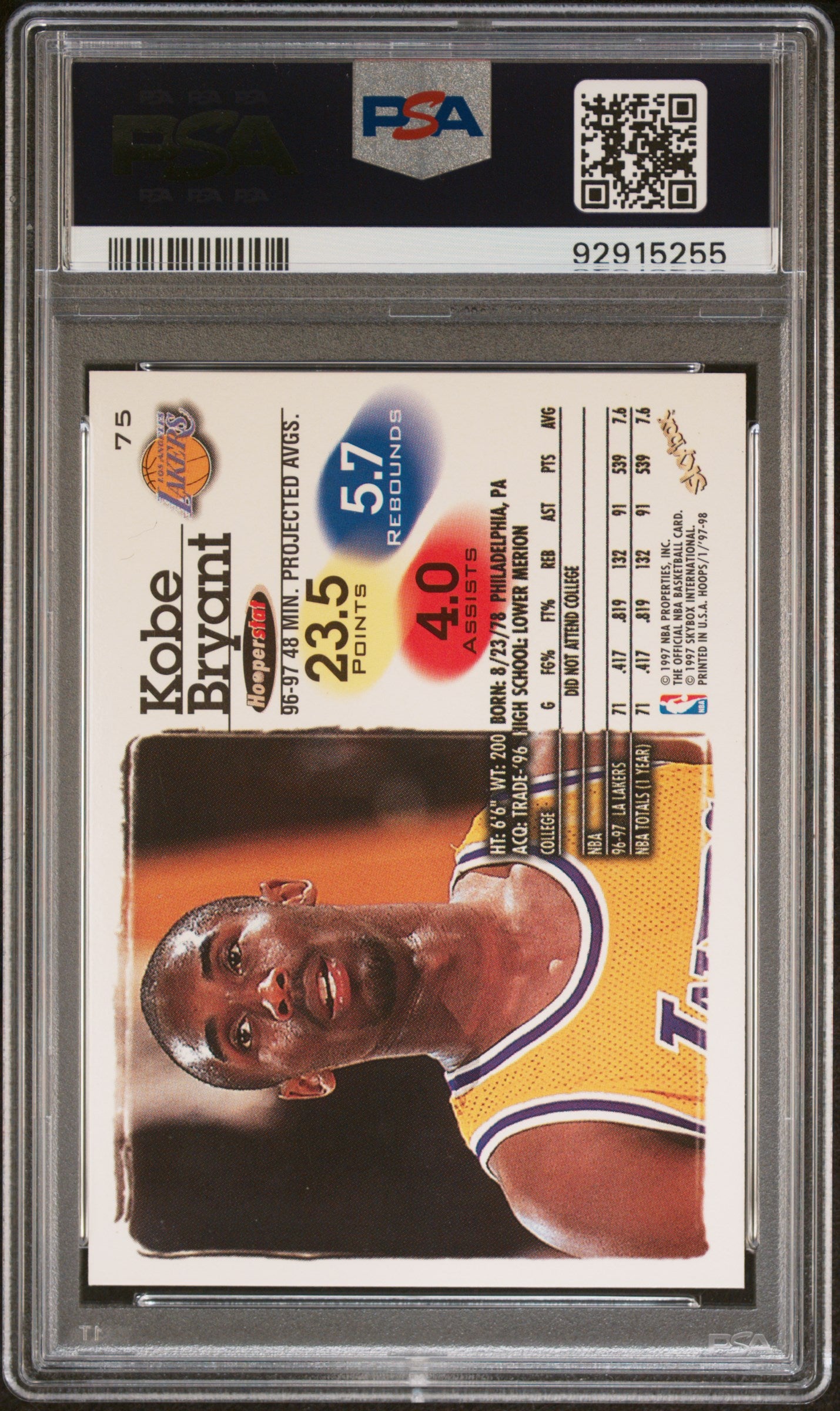 1997 Hoops #75 Kobe Bryant Lakers Hof PSA 10