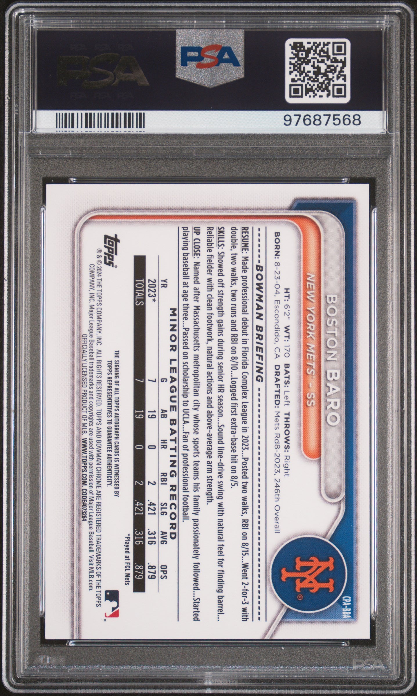 2024 Bowman Chrome Prospect Autographs Boston Baro #CPABBA PSA 10