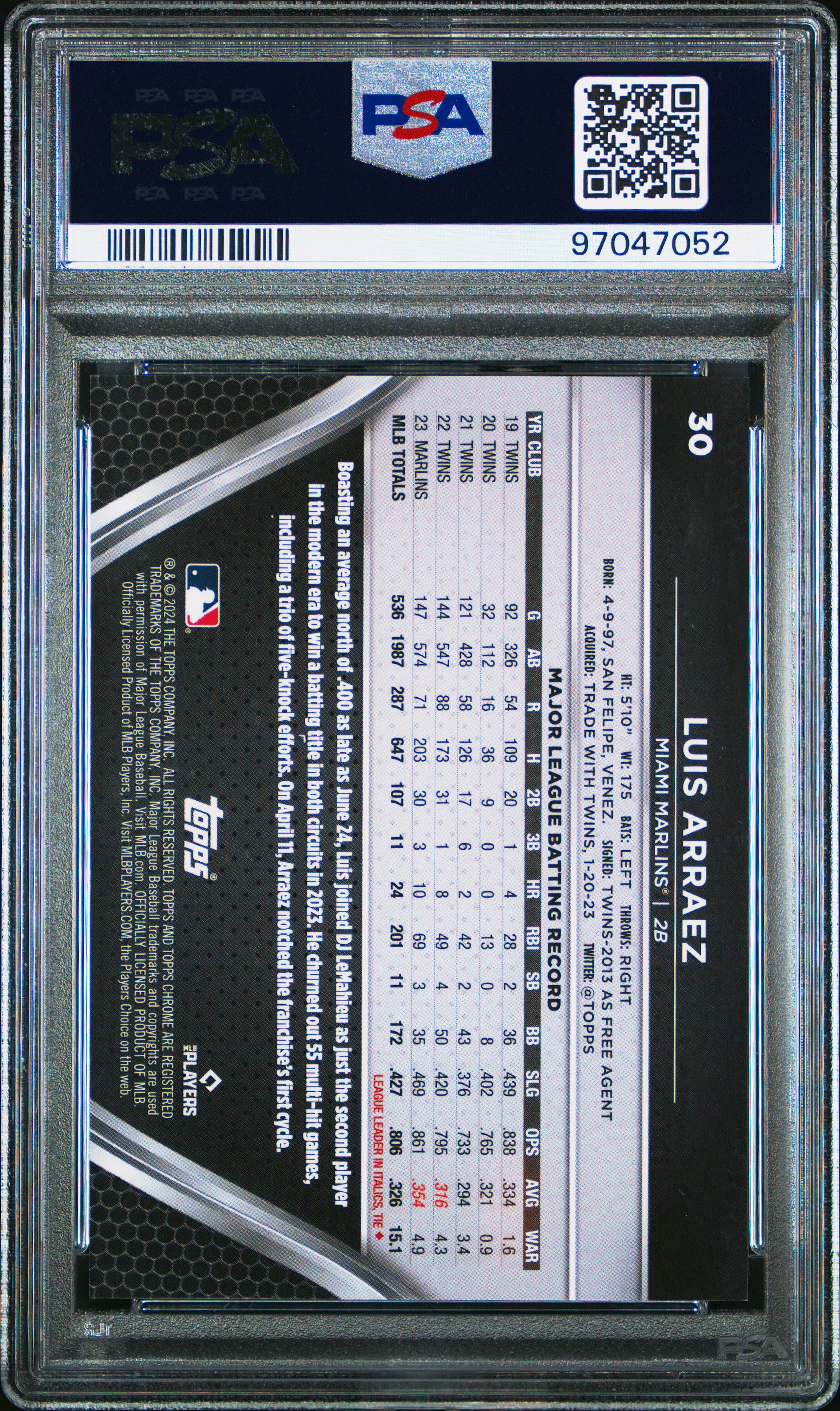 2024 Topps Chrome Black Luis Arraez #30 Green Refractor PSA 10