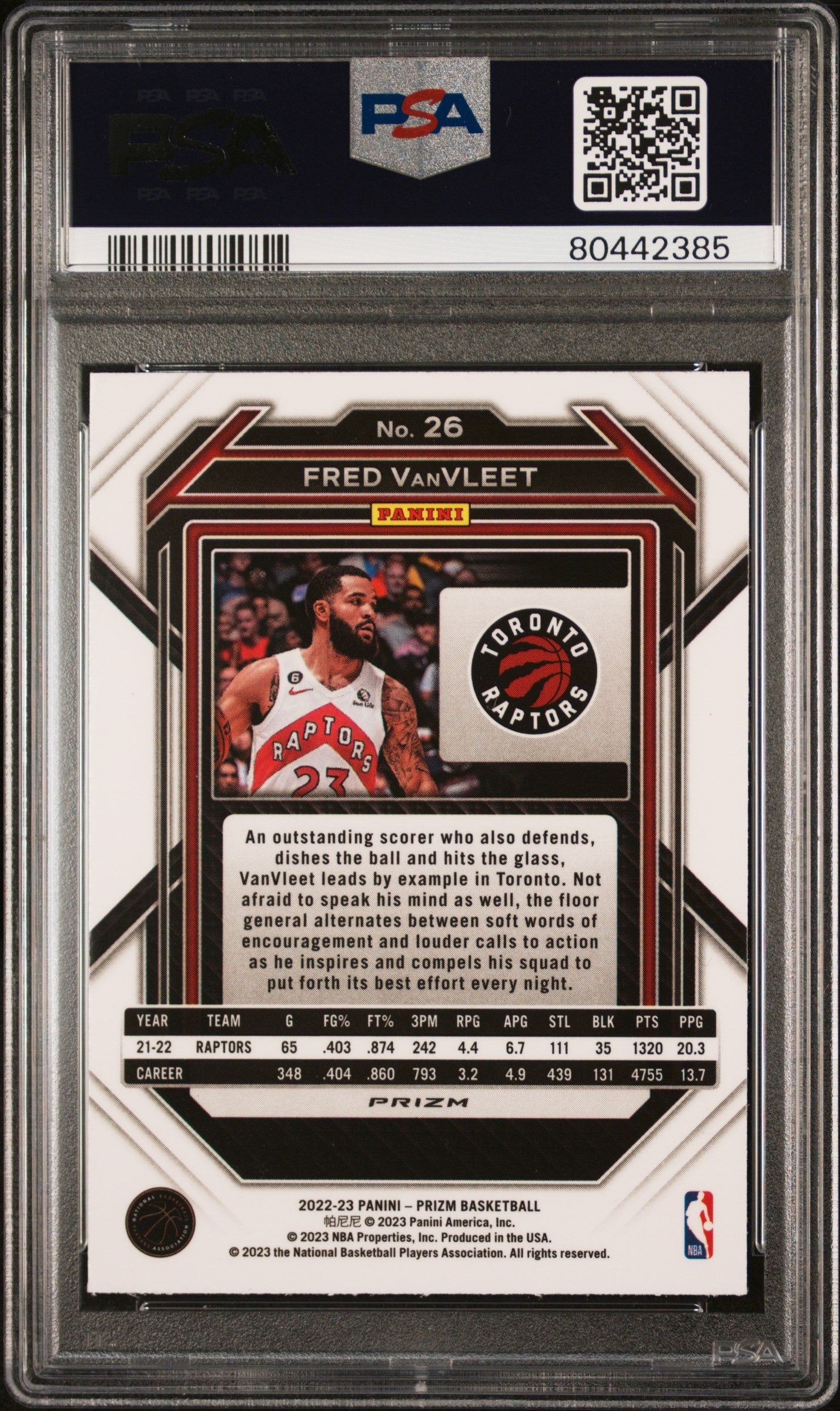 2022 Panini Prizm Fred Vanvleet #26 White Sparkle PSA 9