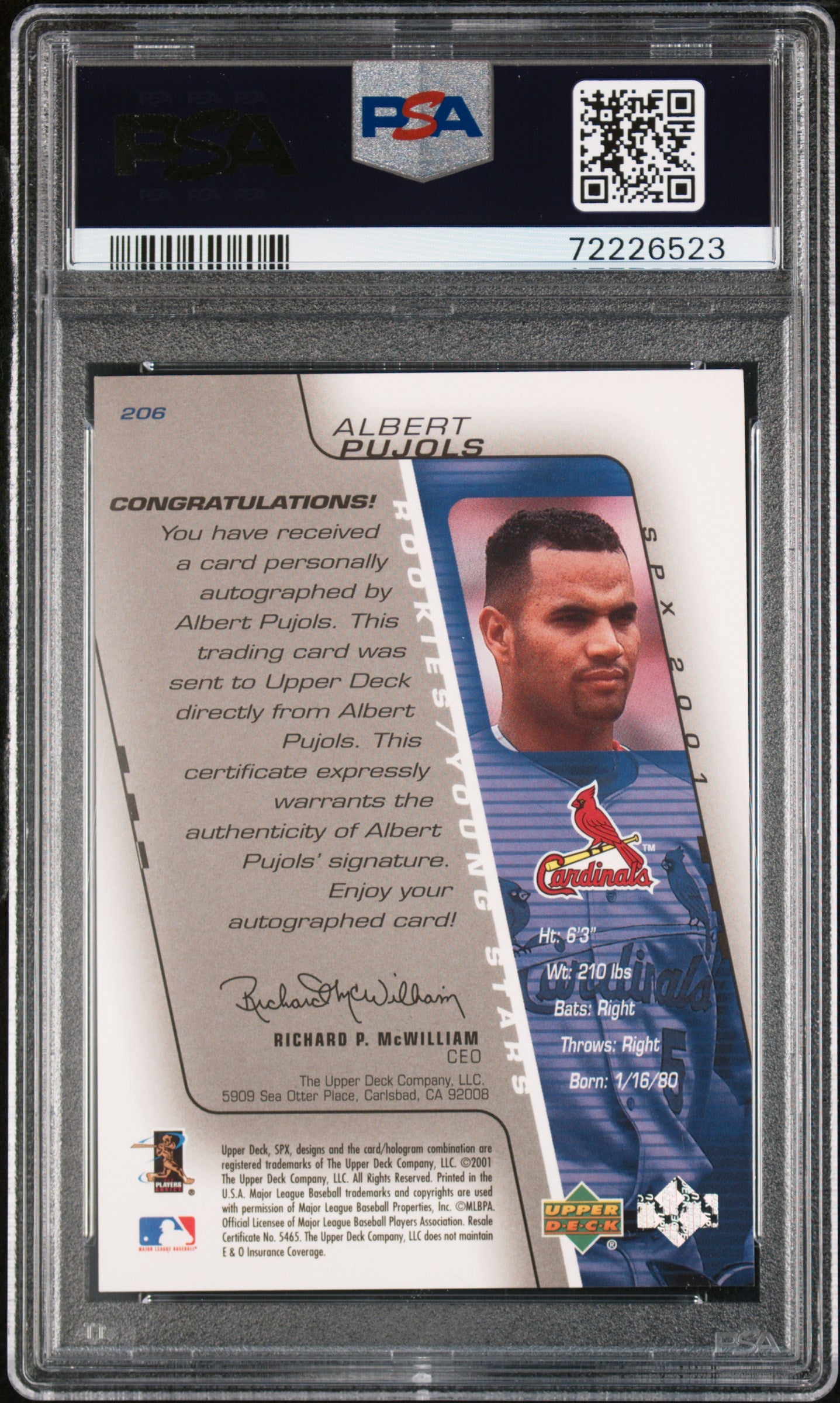 2001 SPX Albert Pujols #206 Autographed PSA 8