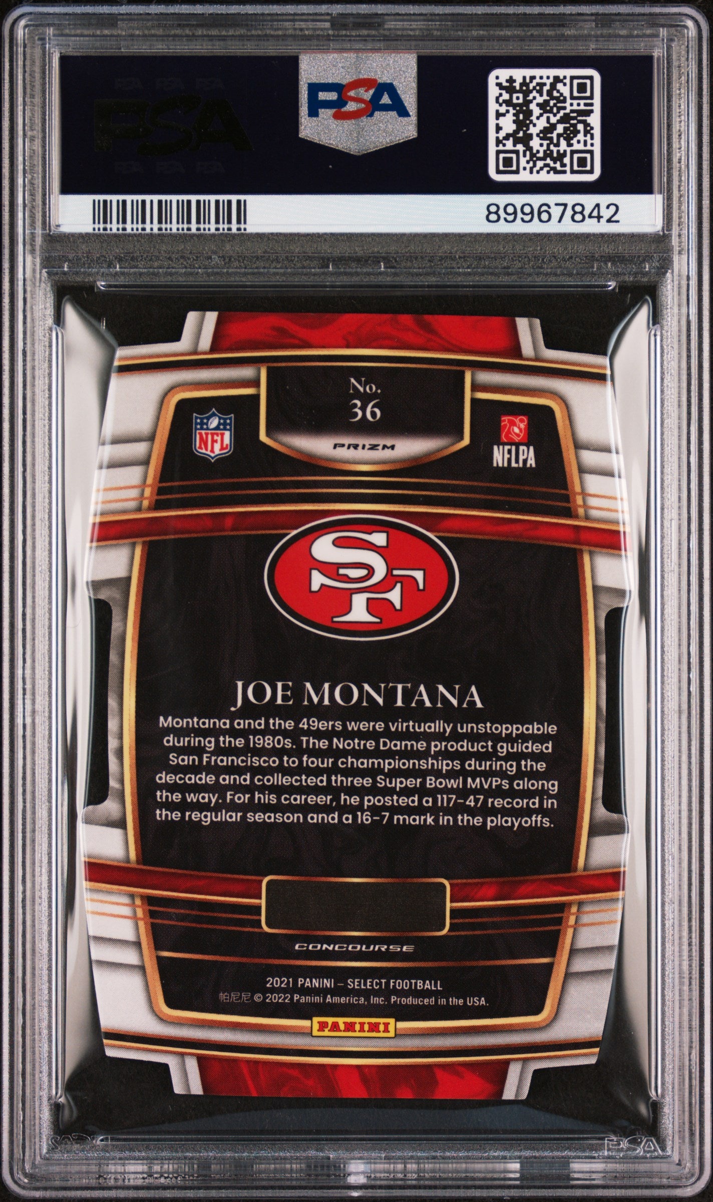 2021 Panini Select Joe Montana #36 Die Cut Black Gold Prizm PSA 10