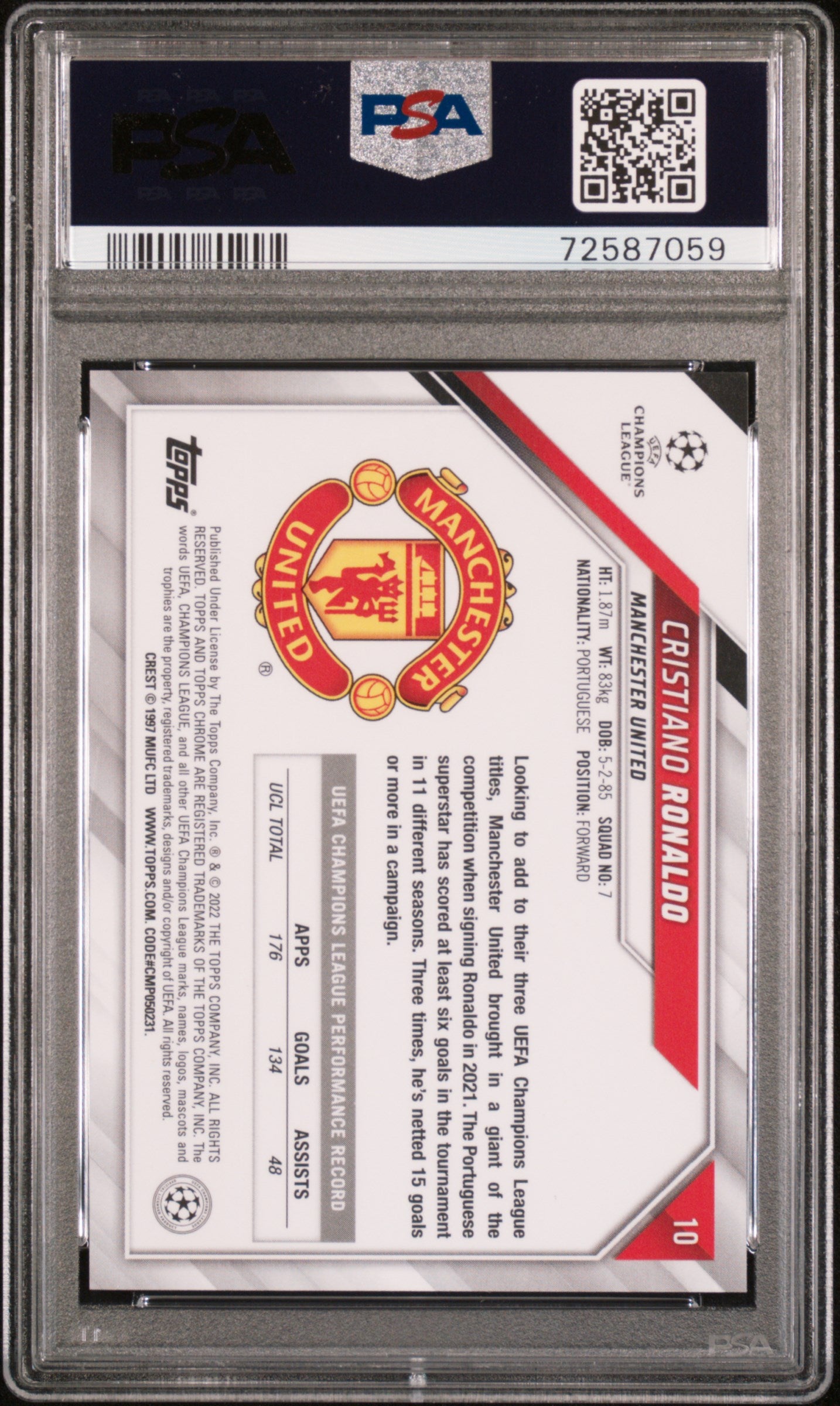 2021 Topps Chrome UEFA Champions League Soccer Cristiano Ronaldo #10 Speckle Refractor PSA 9