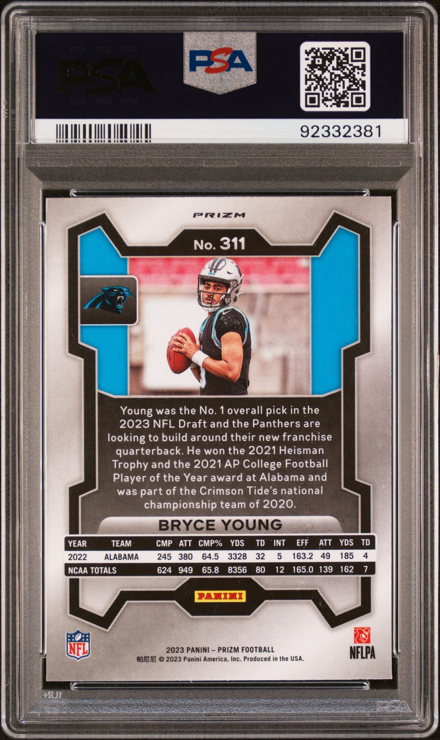 2023 Panini Prizm Bryce Young #311 Red White Blue Prizm PSA 10