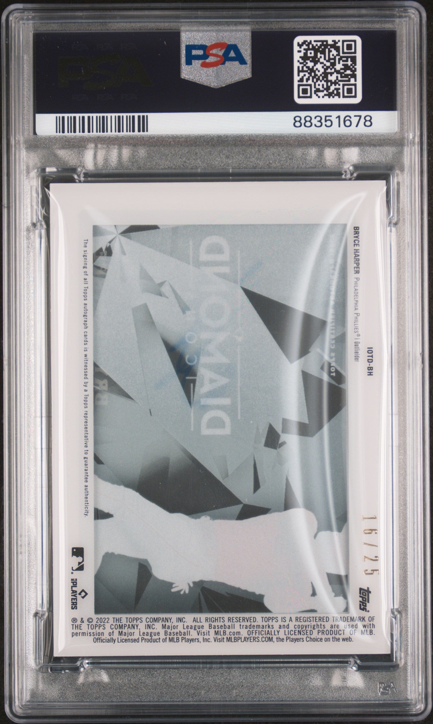 2022 Topps Diamond Icons Icons Of The Diamond Autographs Bryce Harper #IOTDBH Icons Of The Diamond Au. PSA 9