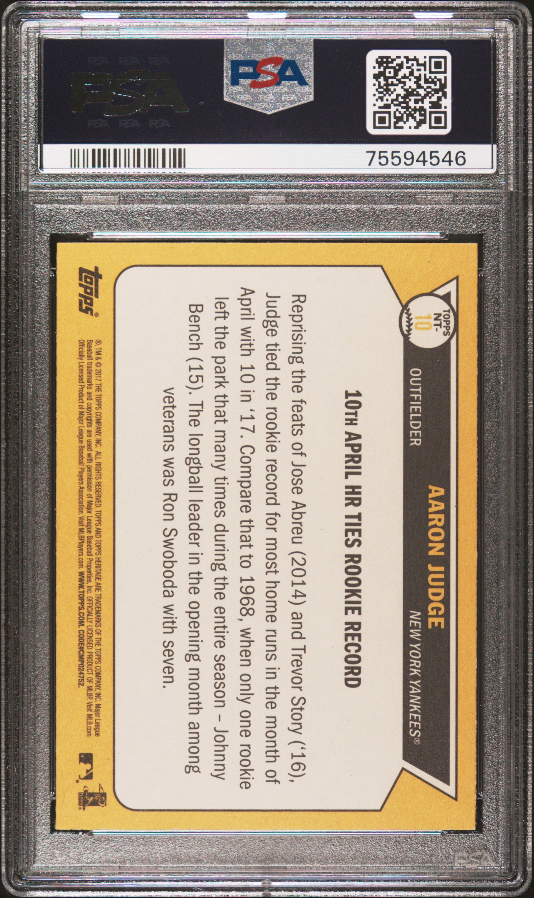 2017 Topps Heritage Now And Then Baseball Aaron Judge #NT-10 PSA 10