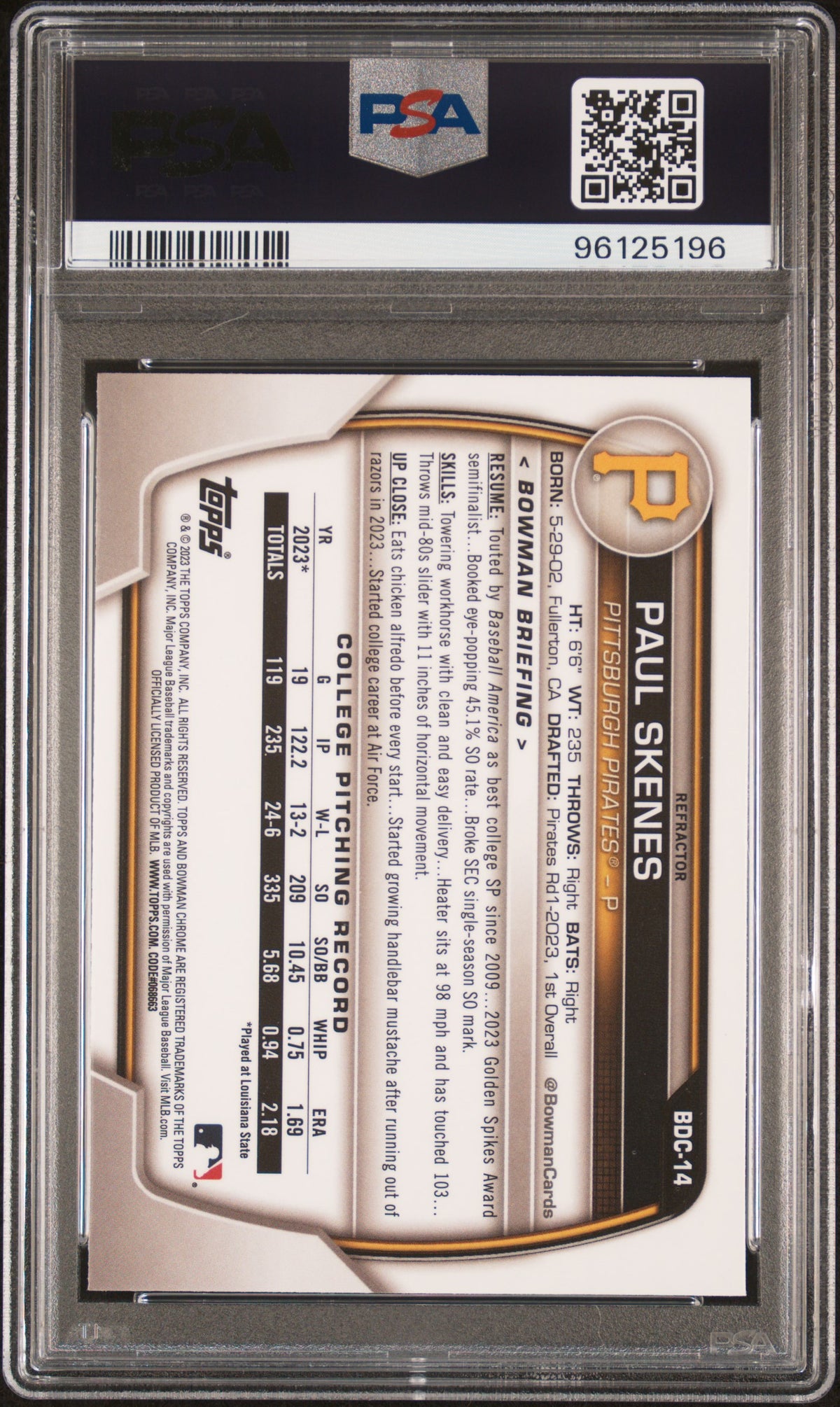 2023 Bowman Draft Baseball Paul Skenes #BDC14 Chrome Refractor PSA 10