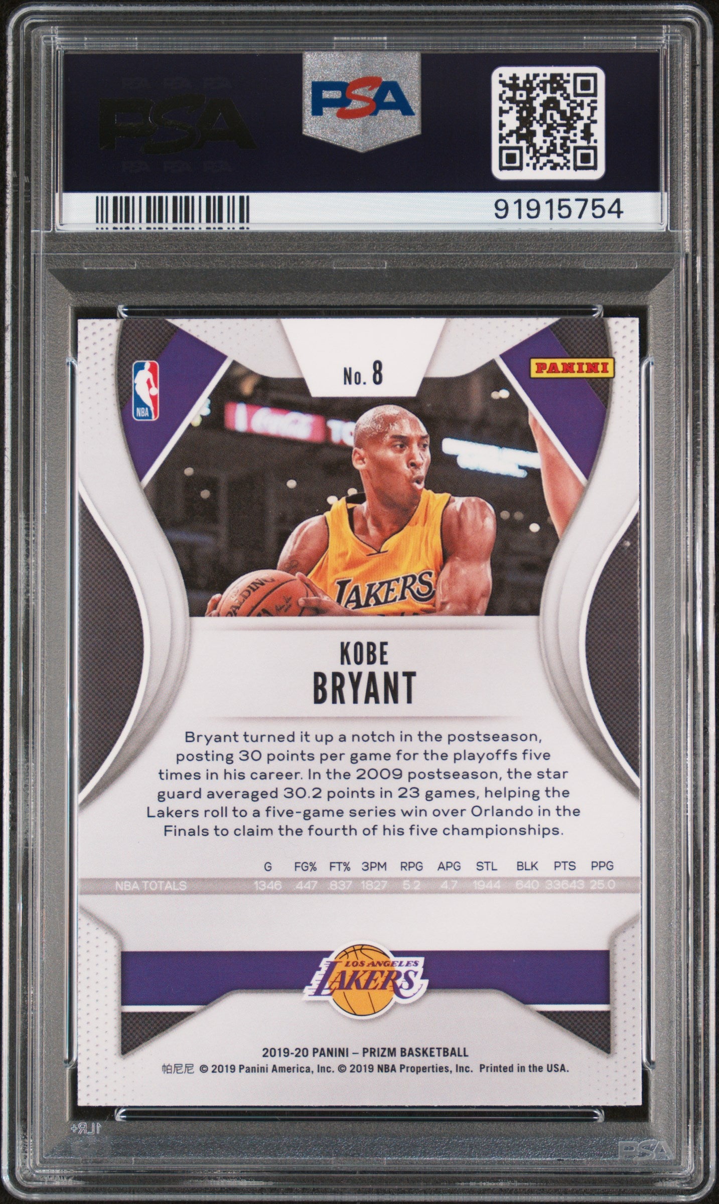 2019 Panini Prizm #8 Kobe Bryant Lakers Hof PSA 10 ***