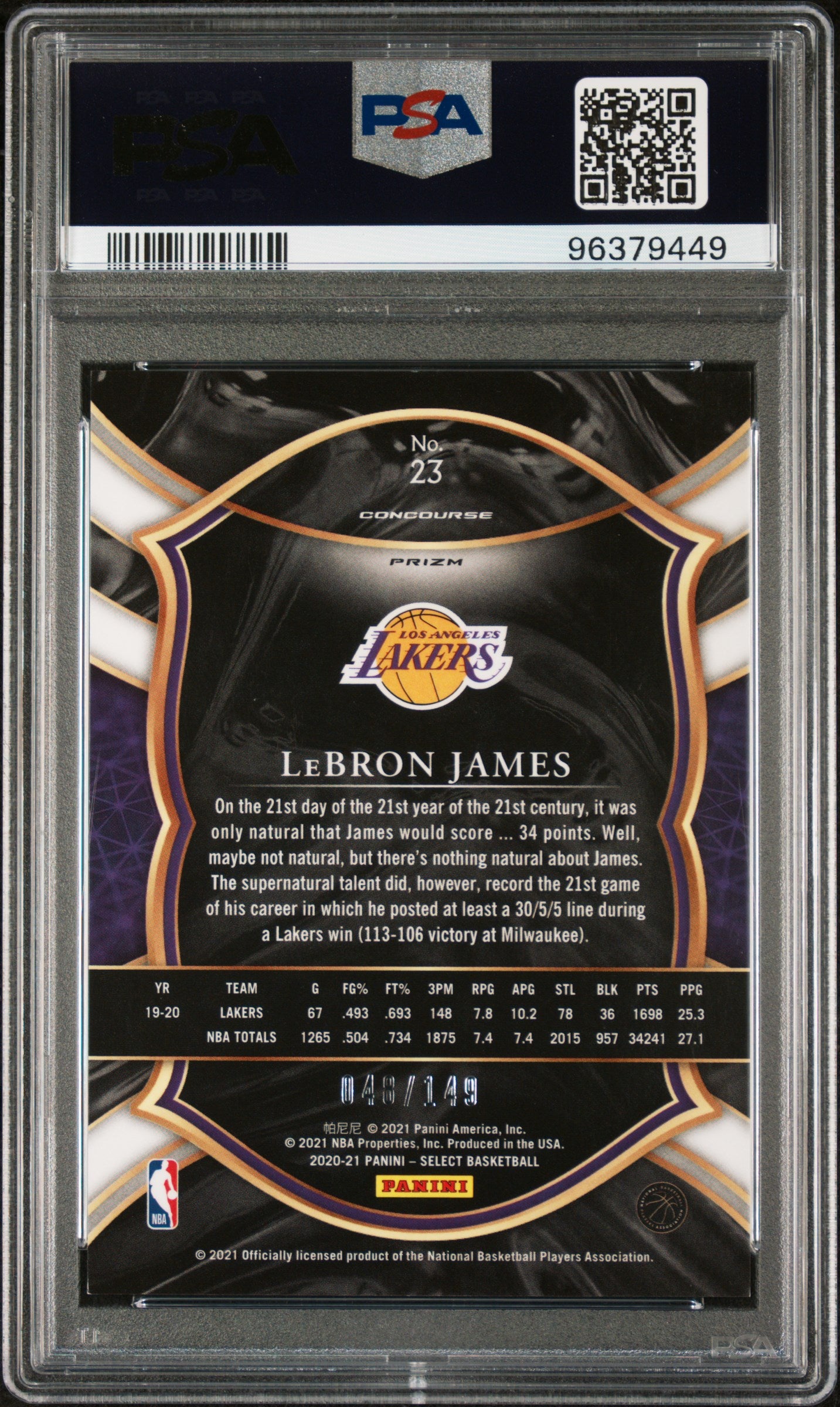 2020 Panini Select LeBron James #23 White Prizm PSA 9