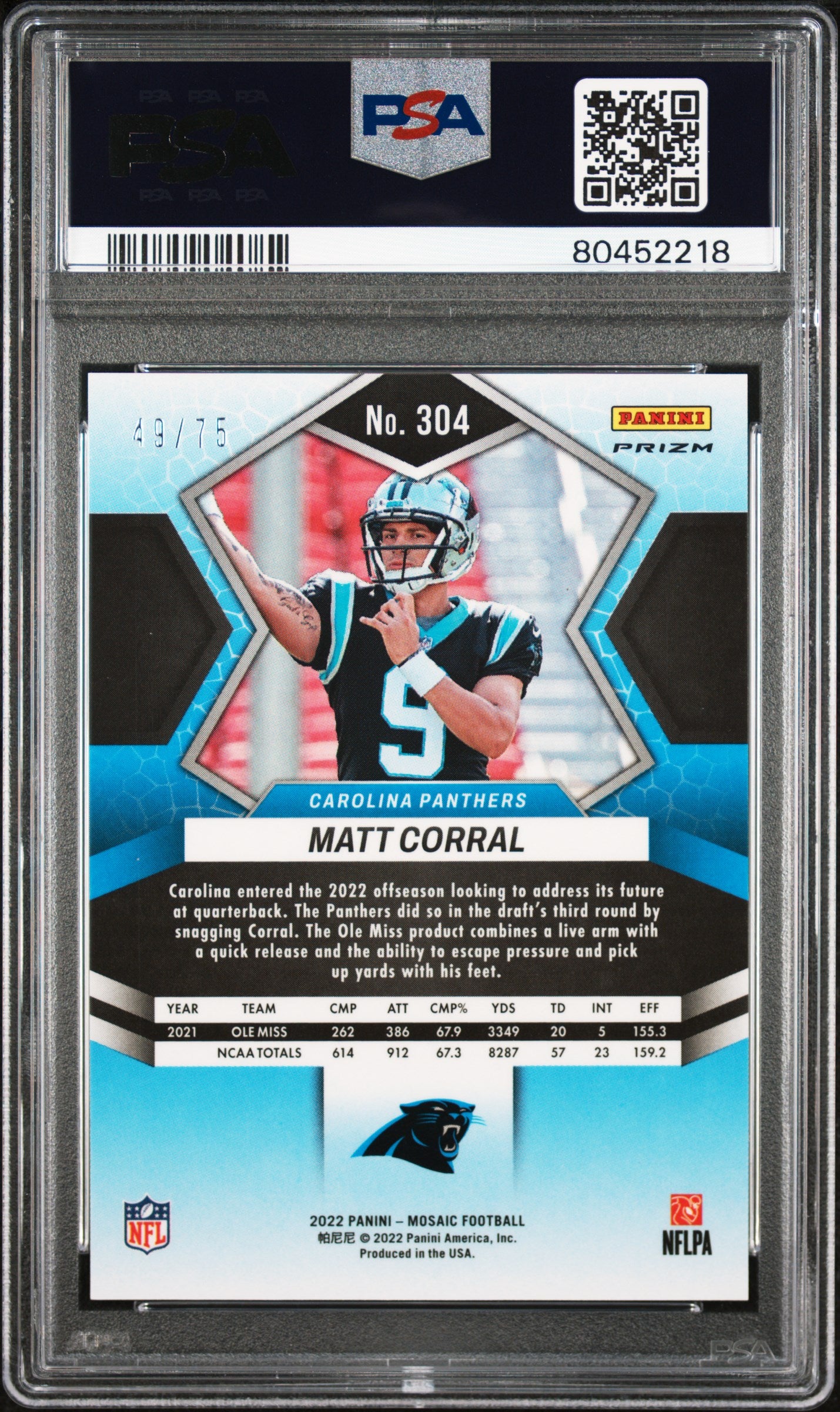 2022 Panini Mosaic Matt Corral #304 No Huddle Blue PSA 10