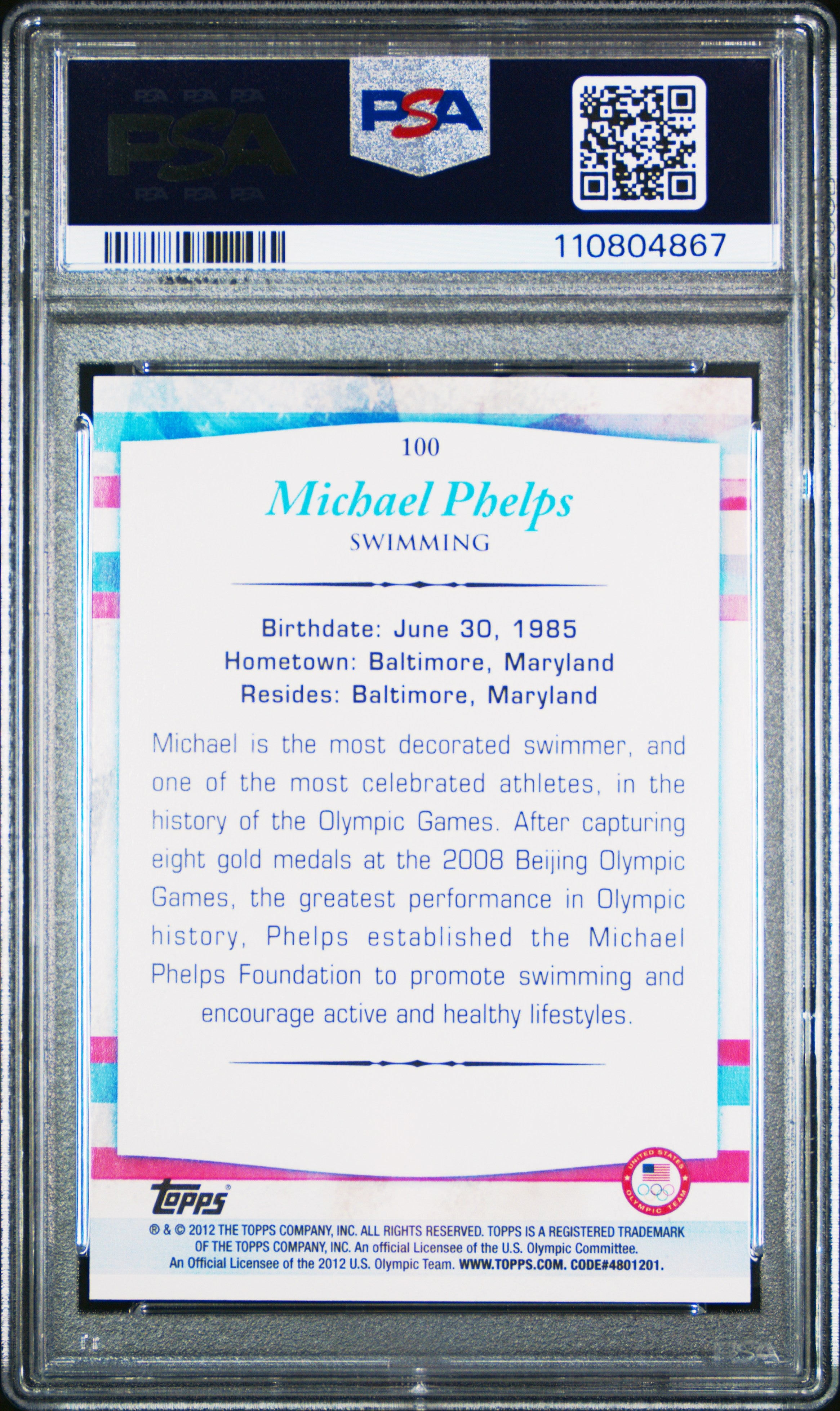 2012 Topps Usa Olympics Multi-Sport Michael Phelps #100 Gold PSA 10