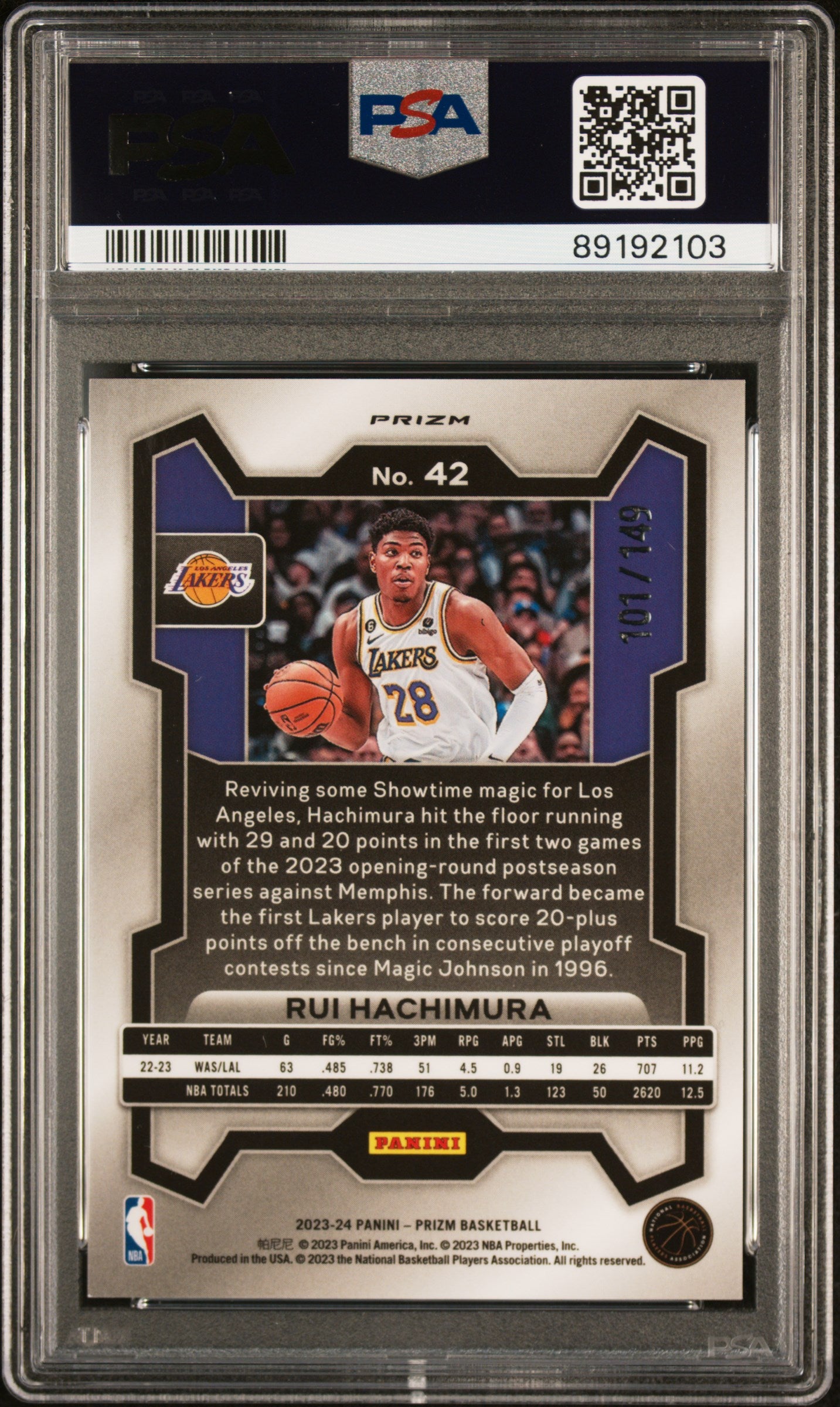 2023 Panini Prizm Rui Hachimura #42 Purple Ice PSA 10