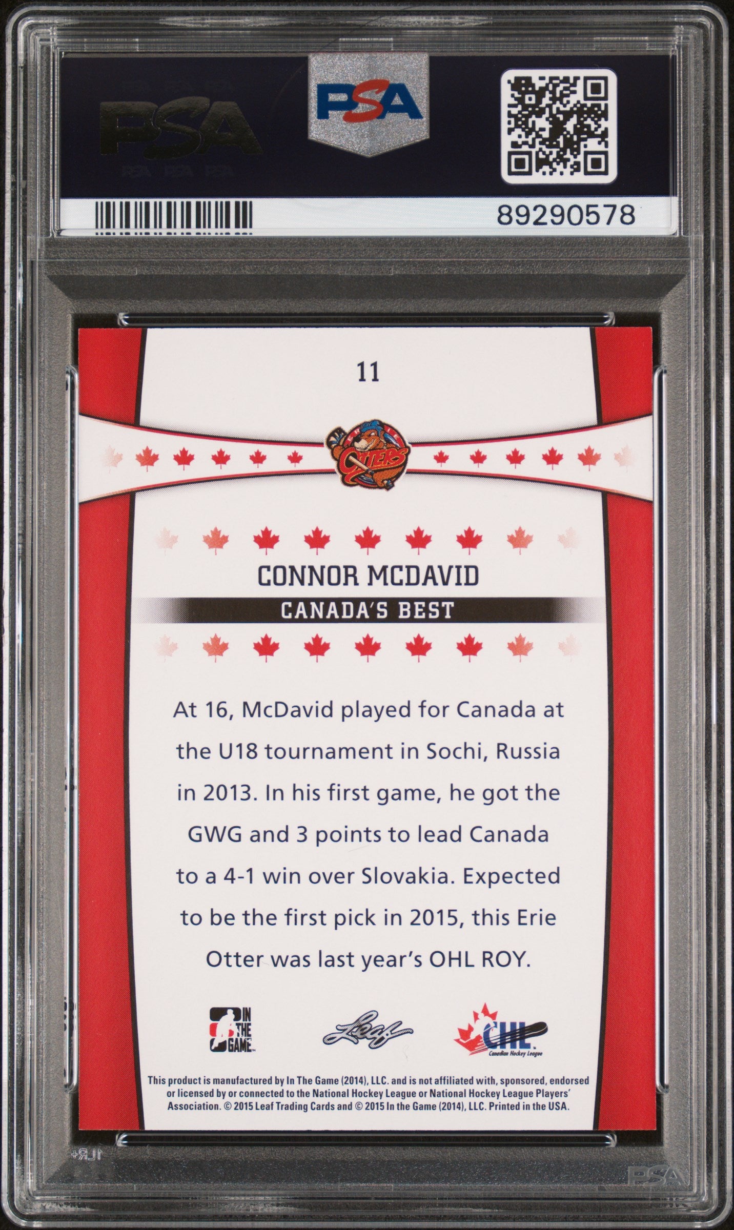 2015 Leaf In The Game CHL Draft Connor McDavid #11 PSA 10