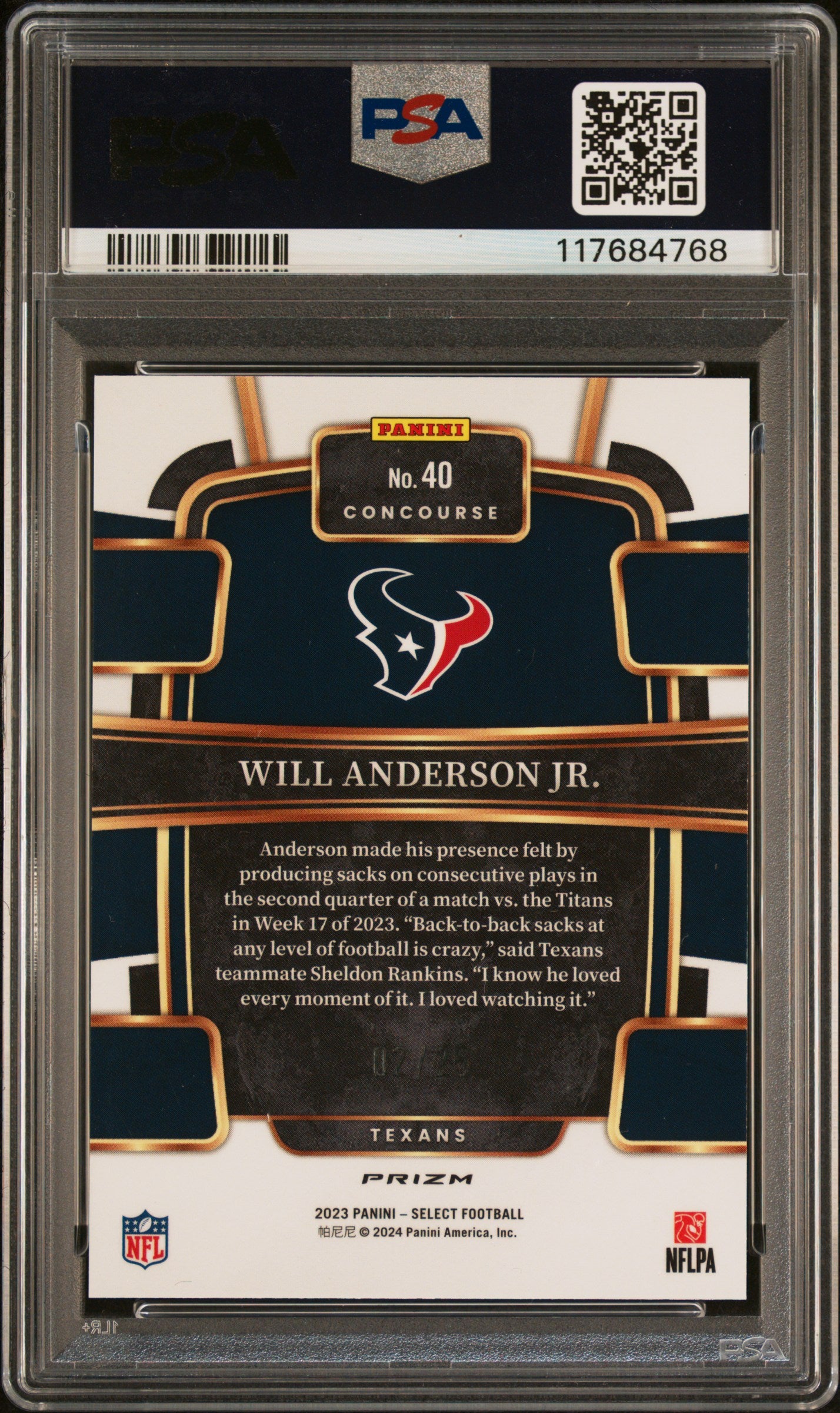 2023 Panini Select Will Anderson JR. #40 Tie Dye Prizm PSA 10