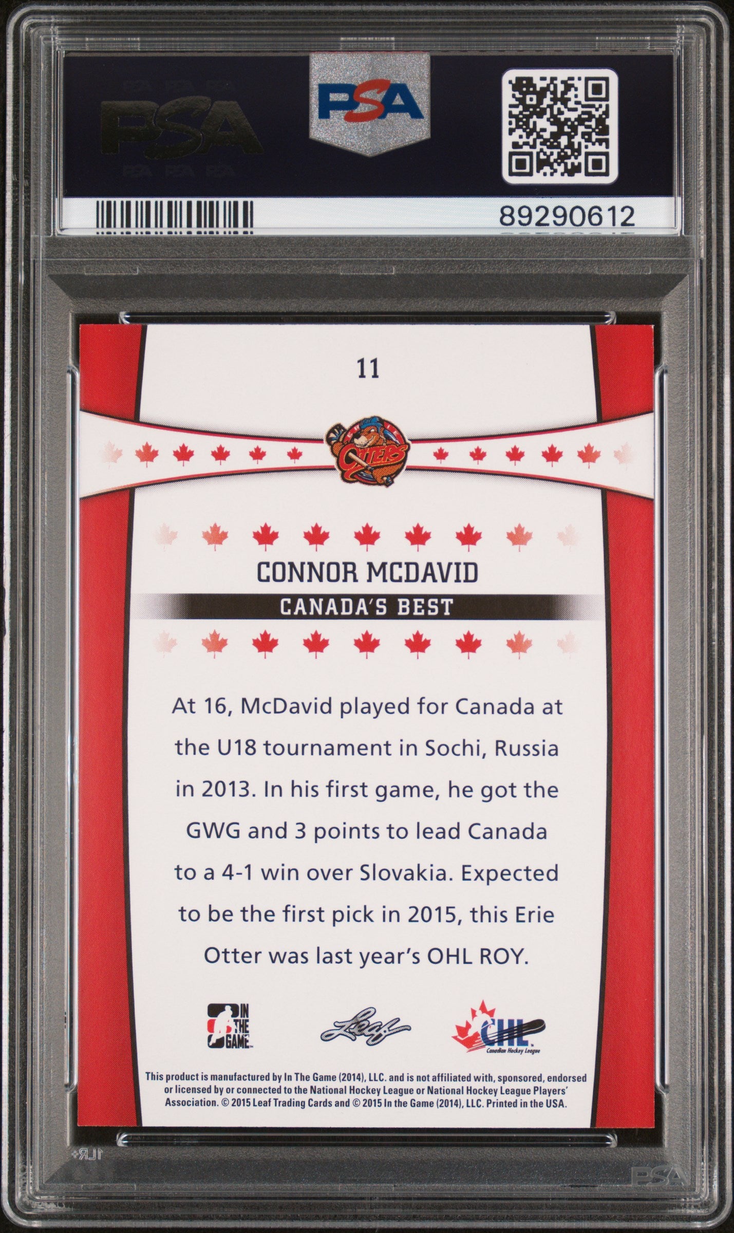 2015 Leaf In The Game CHL Draft Connor McDavid #11 PSA 9