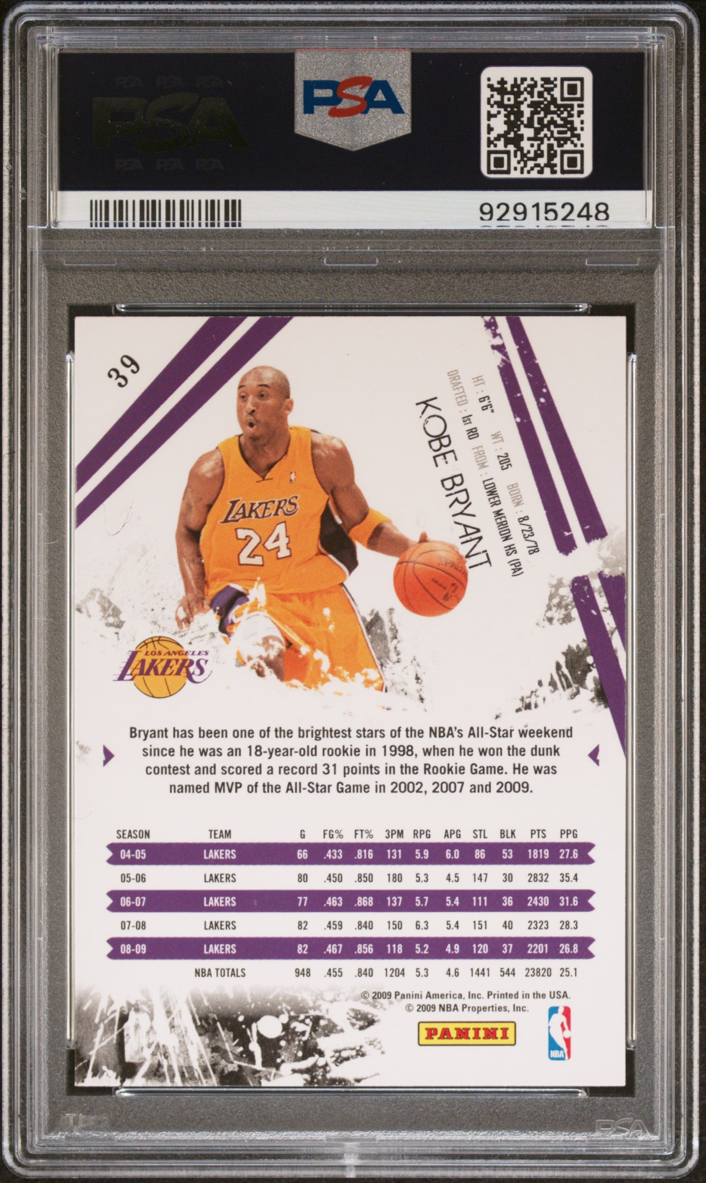 2009 Panini Rookies & Stars #39 Kobe Bryant Lakers Hof PSA 10 ***