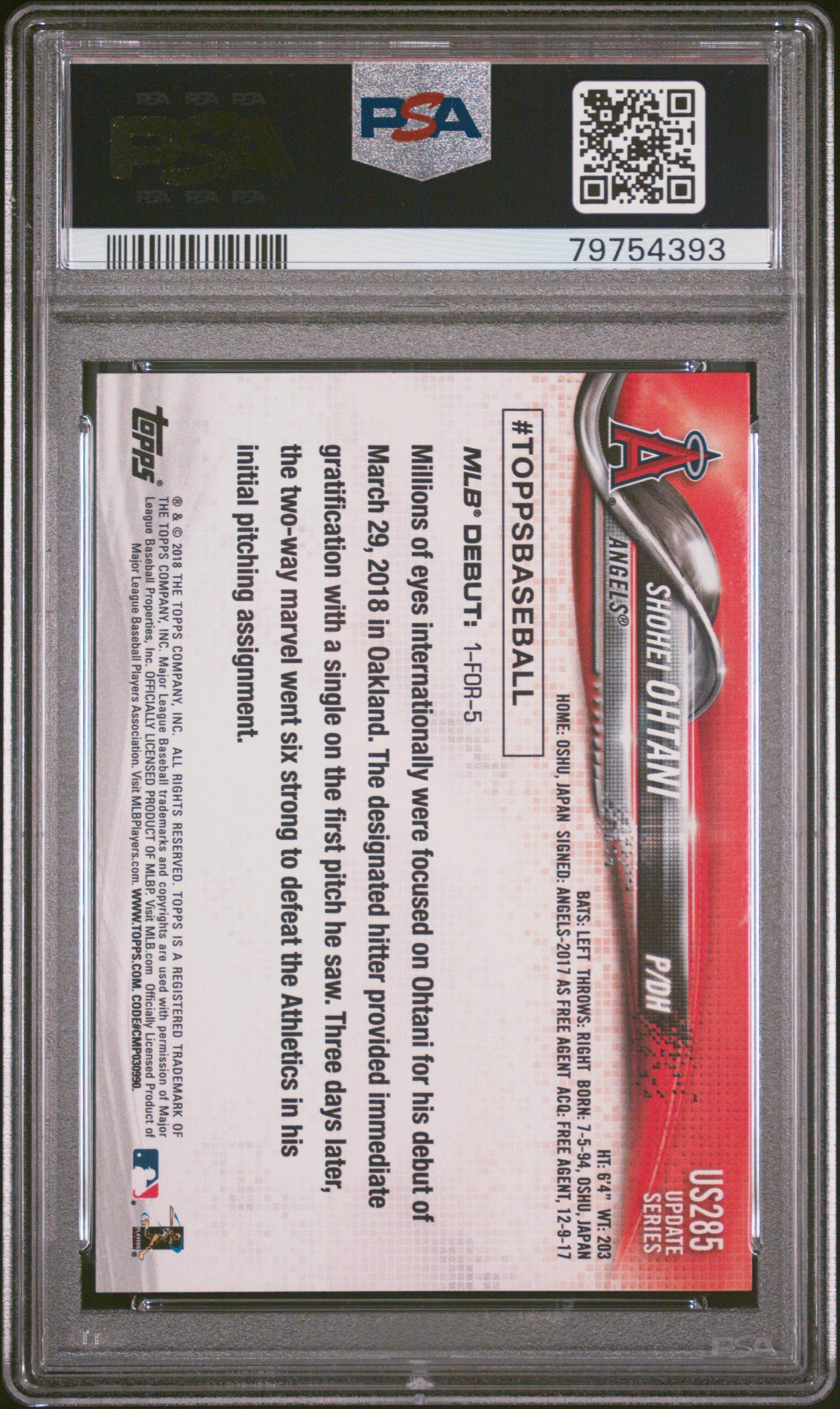 2018 Topps Update Shohei Ohtani #US285 PSA 10