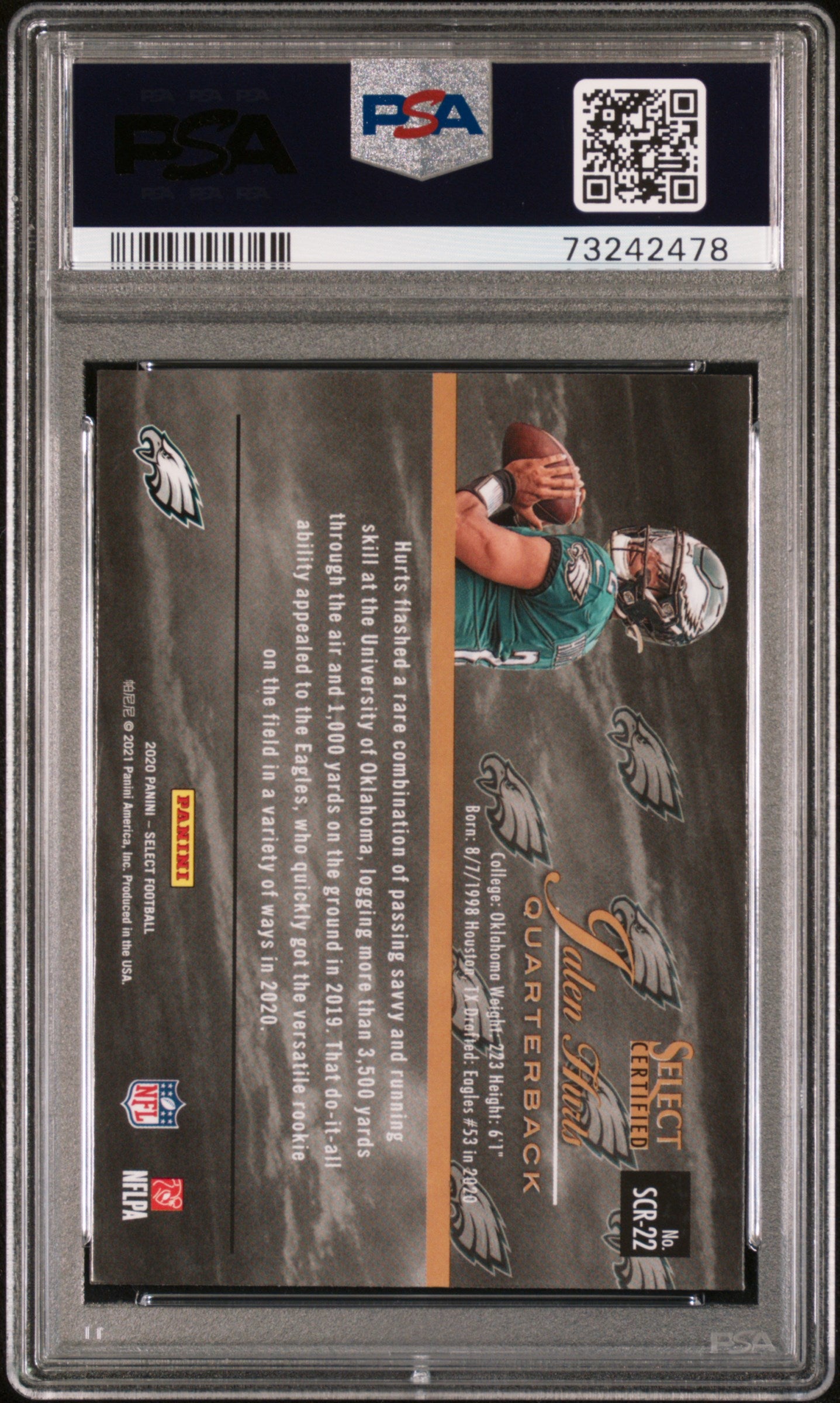 2020 Panini Select Select Certified Rookies Football Jalen Hurts #SCR22 PSA 10