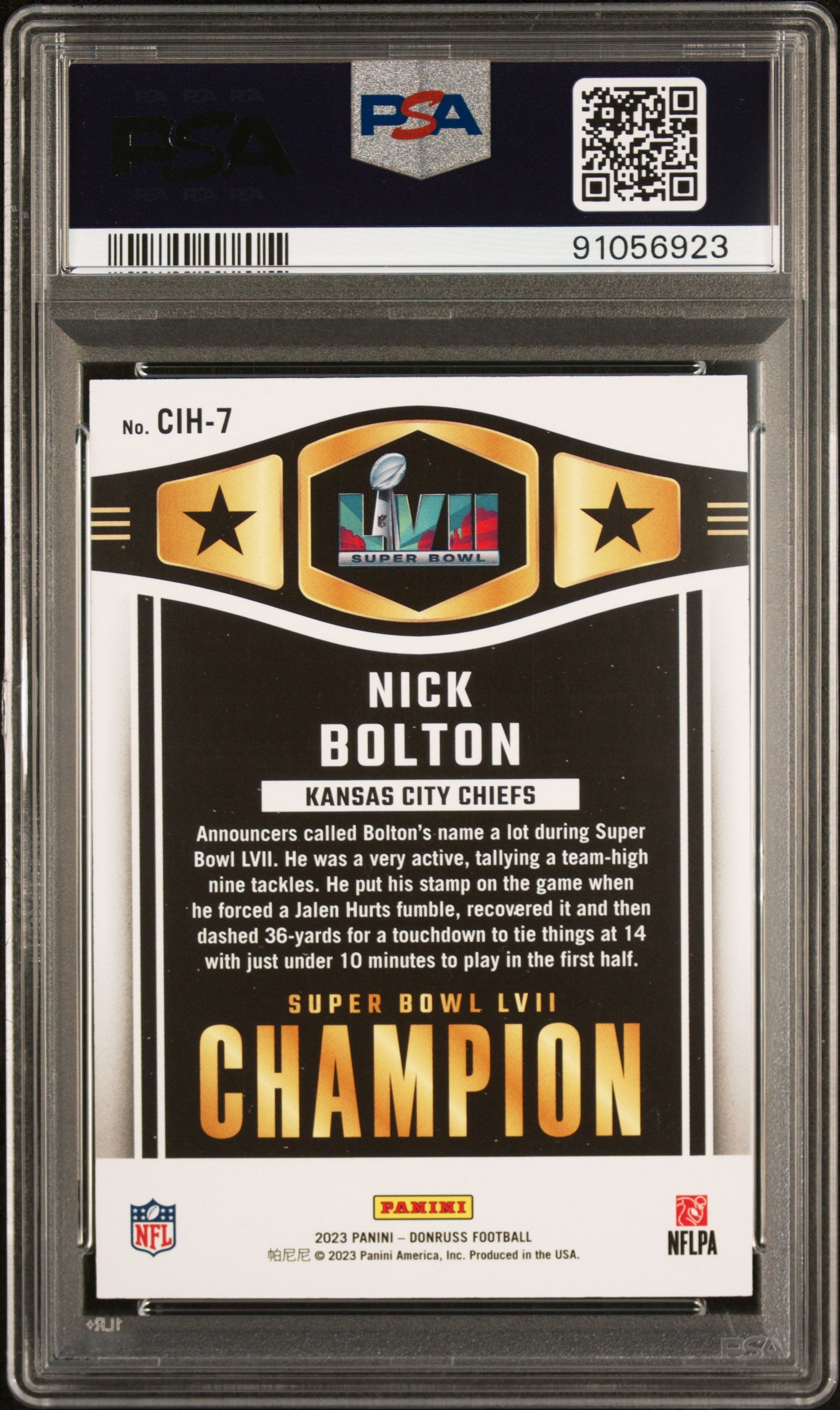 2023 Panini Donruss Champ Is Here Nick Bolton #CIH7 Champ Is Here Holo PSA 10