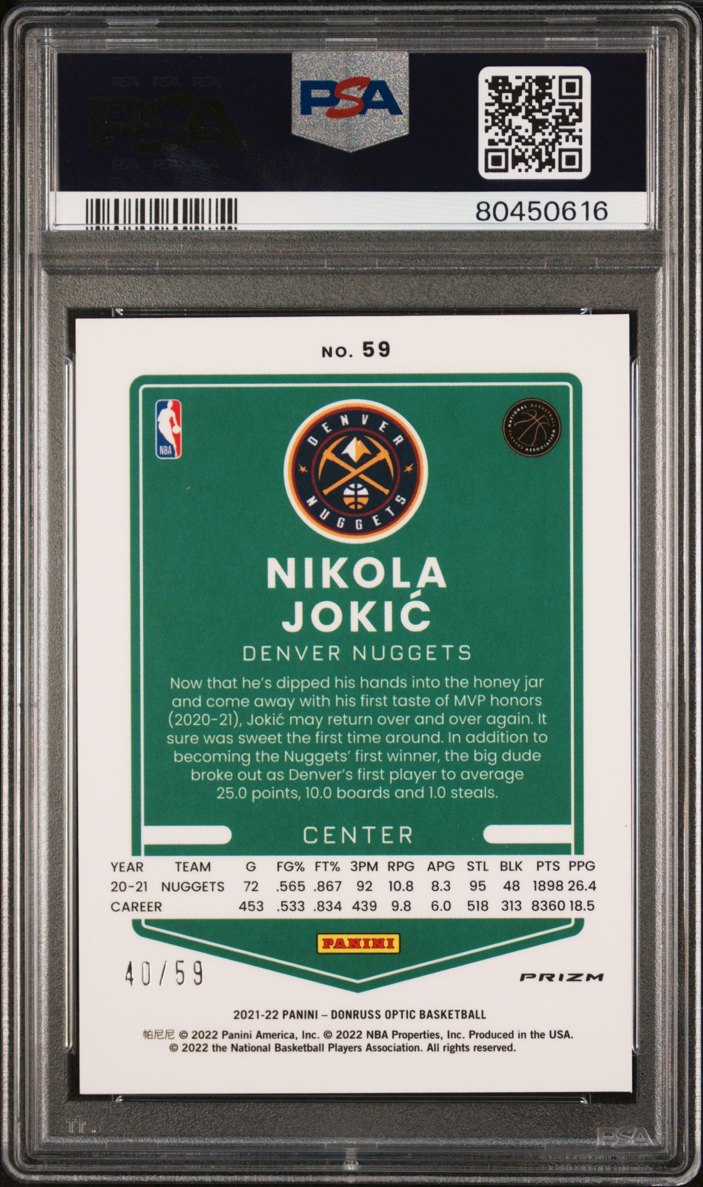 2021 Panini Donruss Optic Nikola Jokic #59 Blue PSA 10