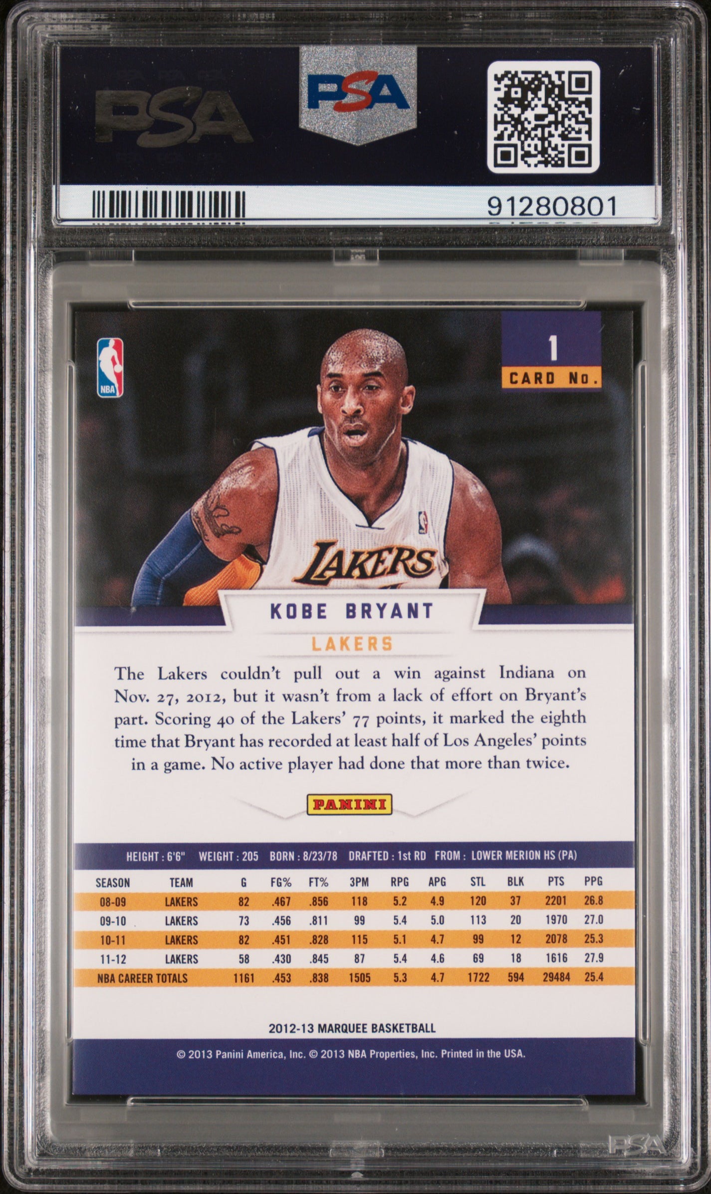 2012 Panini Marquee Basketball Kobe Bryant #1 PSA 8