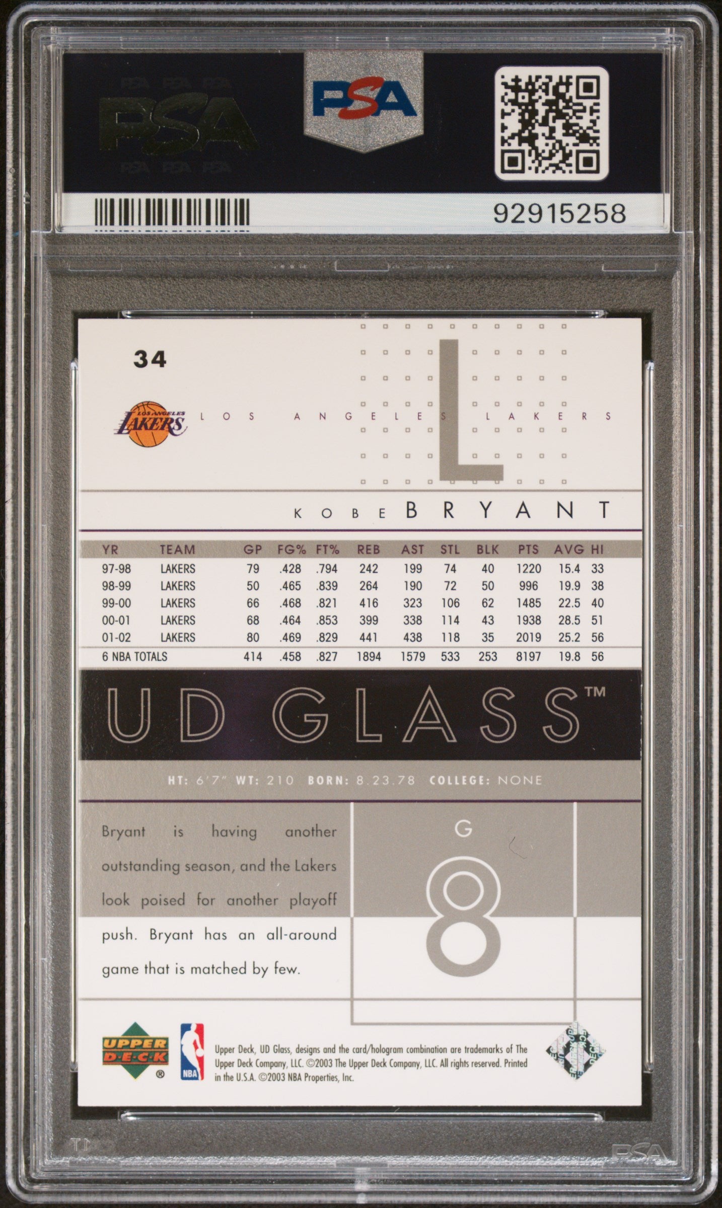 2002 Upper Deck Glass #34 Kobe Bryant Lakers PSA 10 ***