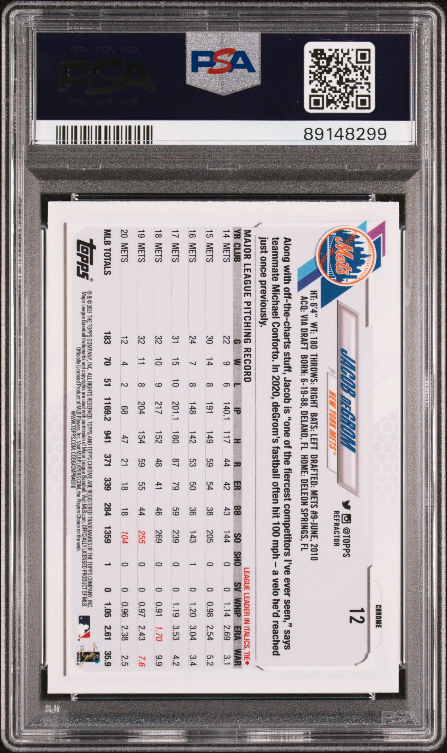 2021 Topps Chrome Jacob Degrom #12 Refractor PSA 10