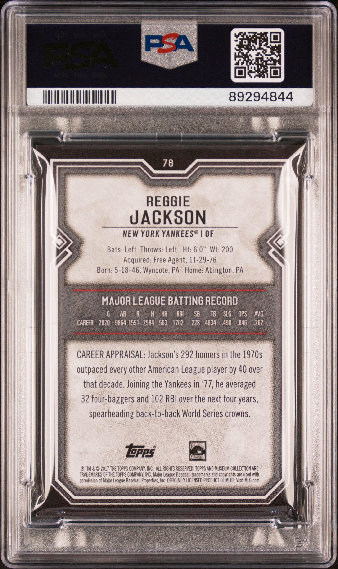 2017 Topps Museum Collection Reggie Jackson #78 Amethyst Purple PSA 9