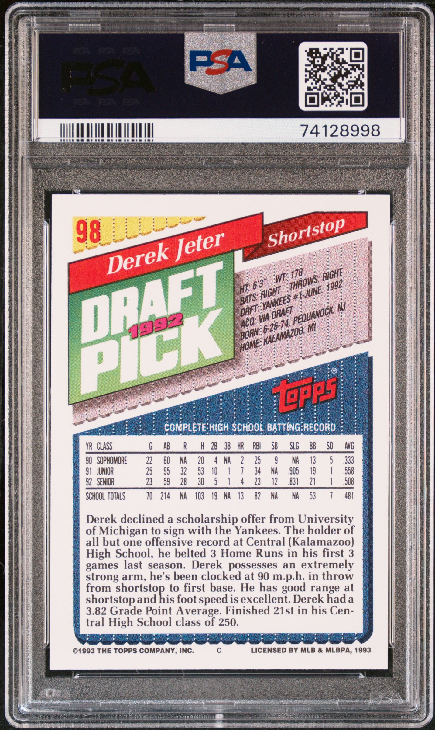 1993 Topps Baseball Derek Jeter #98 PSA 10