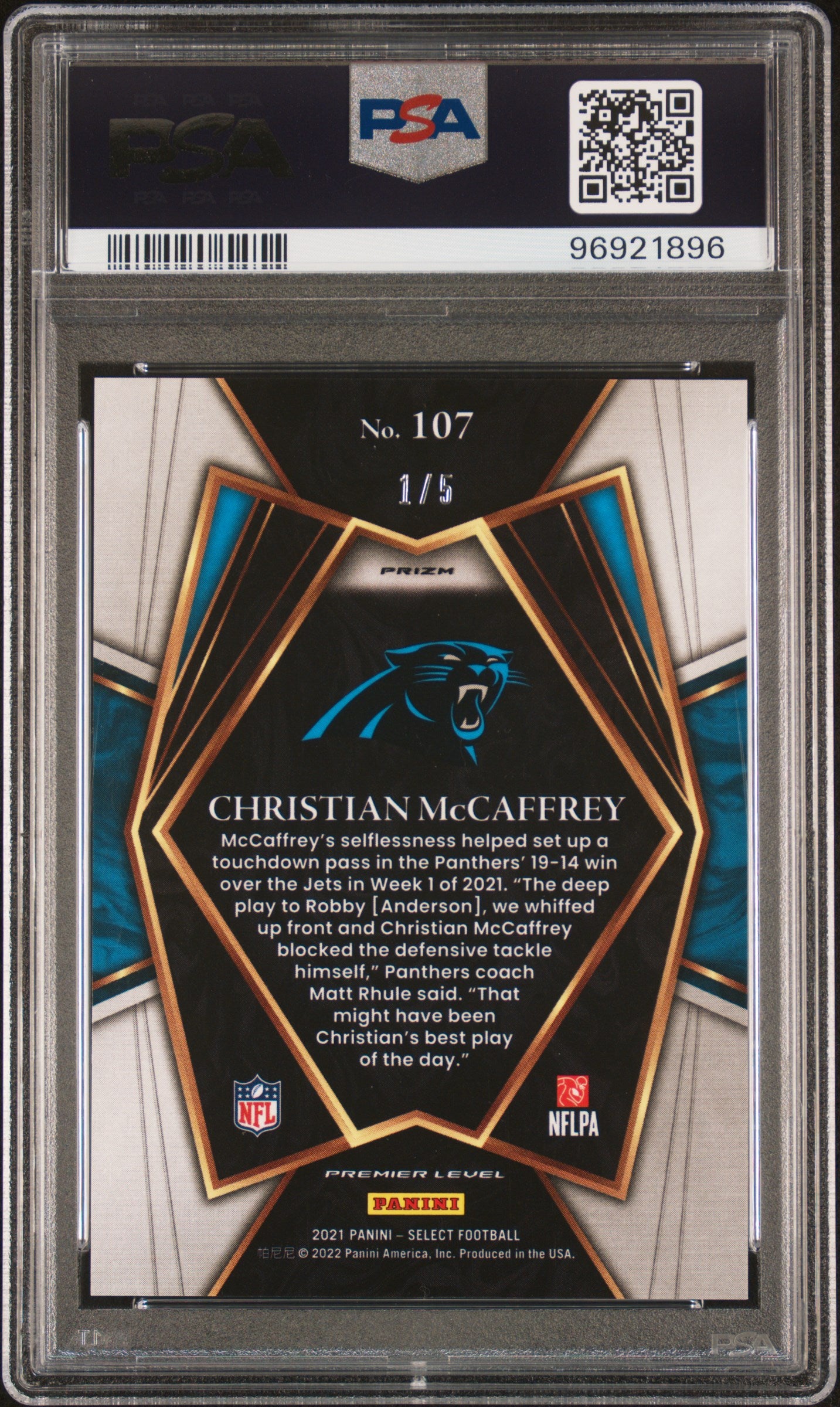 2021 Panini Select Christian Mccaffrey #107 Green Disco Prizm PSA 9