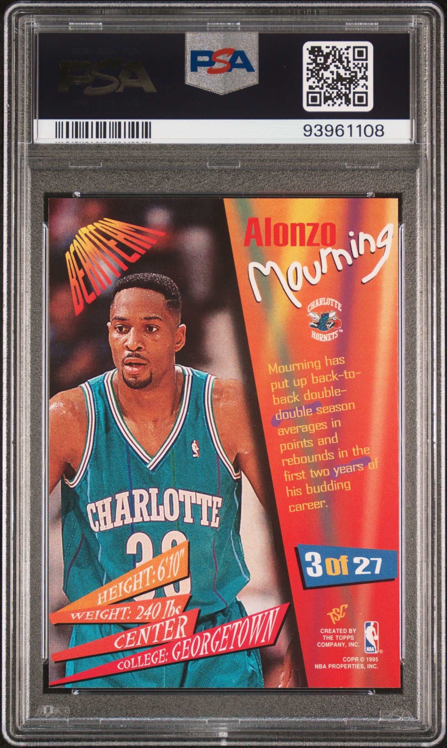 1994 Stadium Club Beam Team Alonzo Mourning #3 Beam Team PSA 8