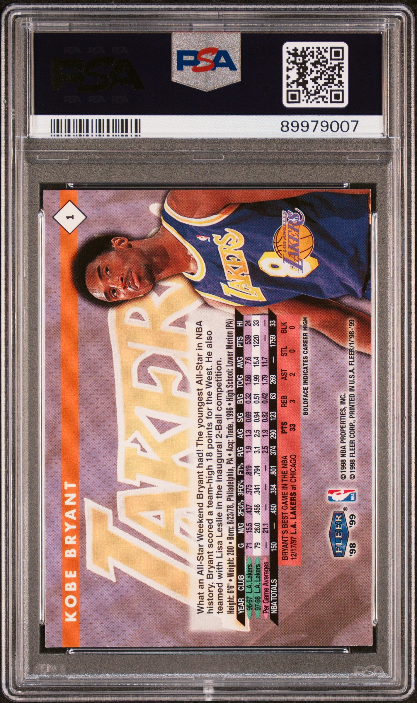 1998 Fleer Tradition #1 Kobe Bryant Lakers Hof PSA 9