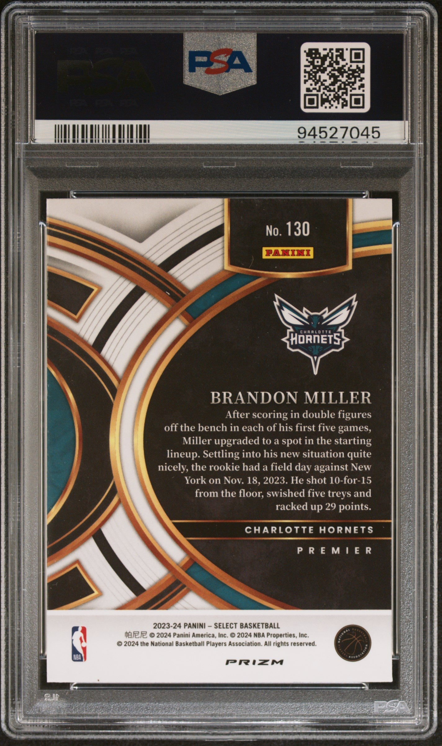 2023 Panini Select Brandon Miller #130 Silver Prizm PSA 10