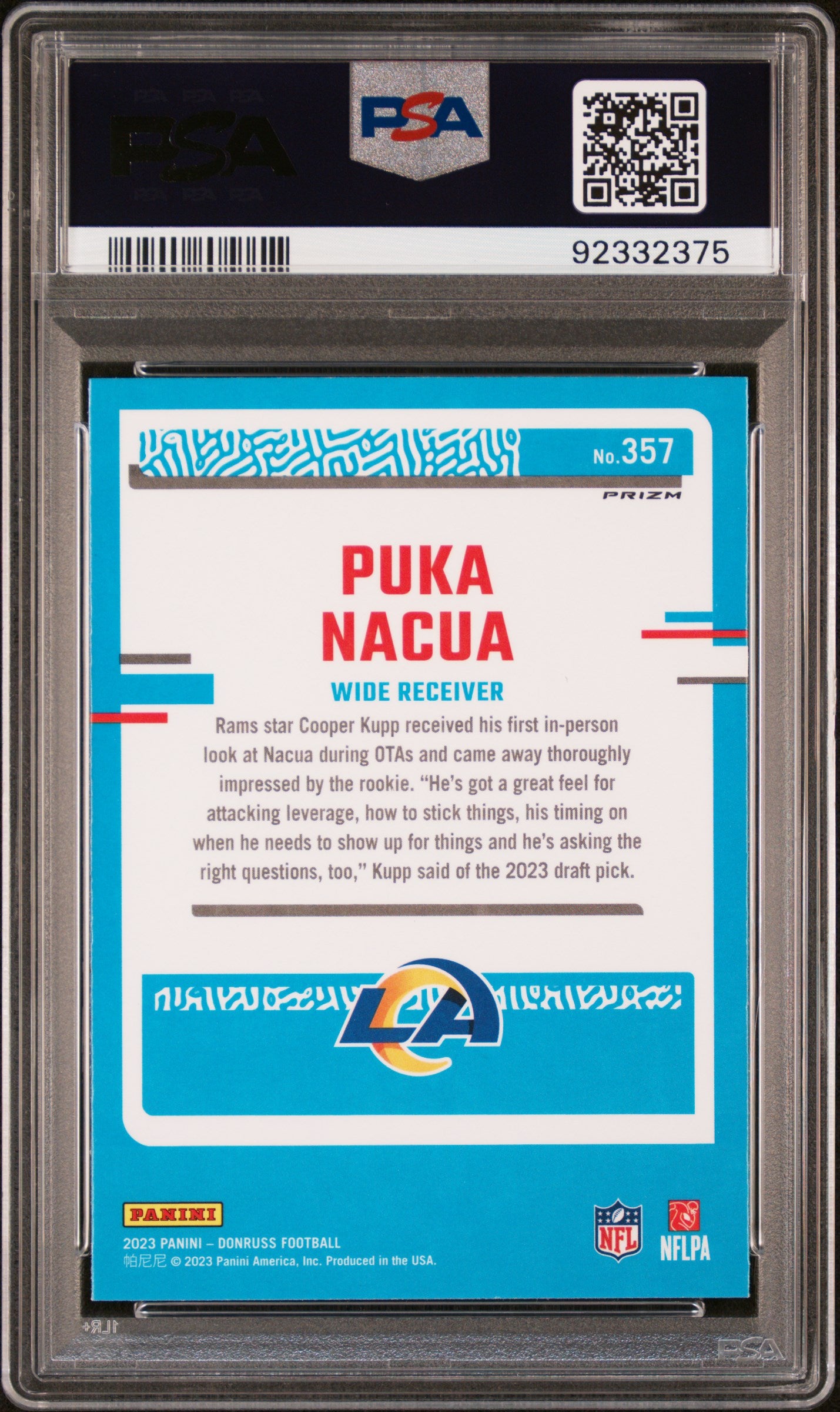 2023 Panini Donruss Puka Nacua #357 Optic Preview Blue Scope PSA 10