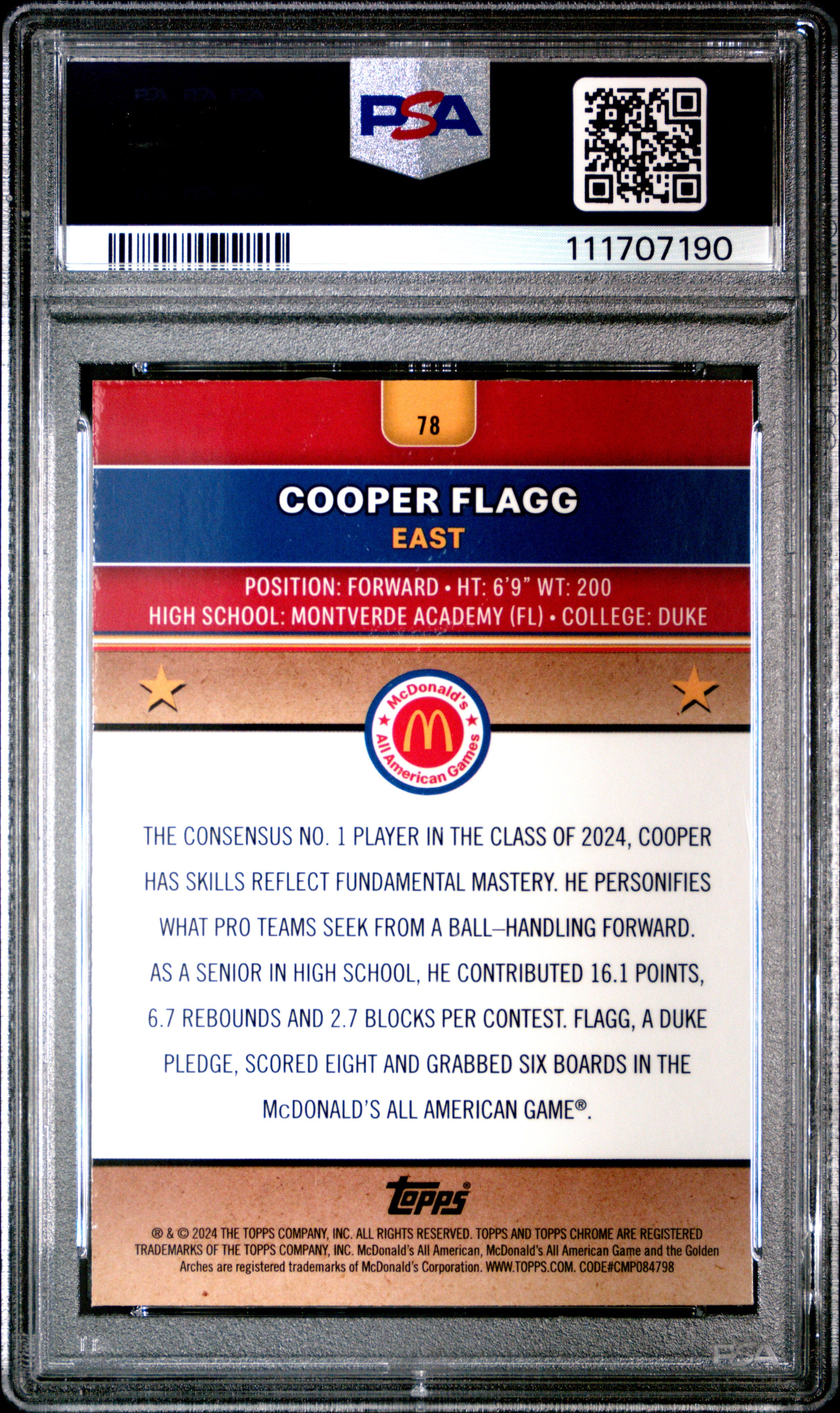 2024 Topps Chrome Mcdonald's All American Basketball Cooper Flagg #78 PSA 10