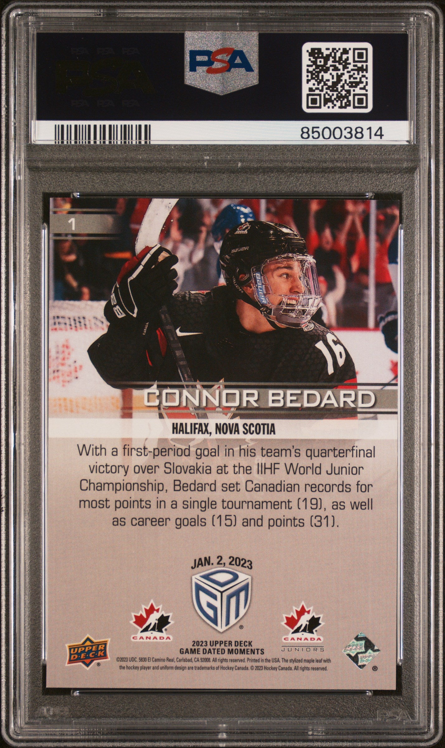 2023 Upper Deck Game Dated Moments Connor Bedard #1 Game Dated Moments PSA 10