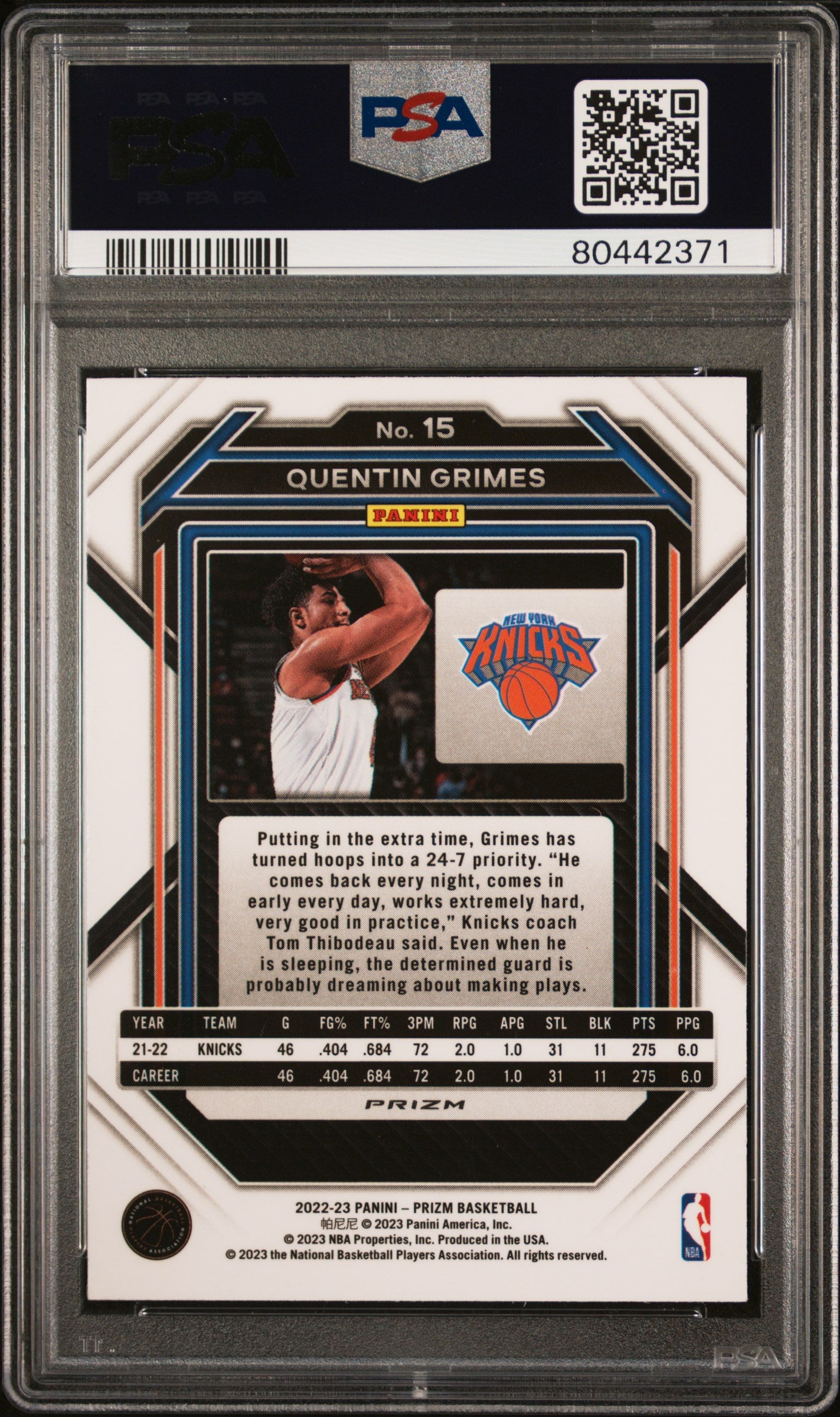 2022 Panini Prizm Quentin Grimes #15 White Sparkle PSA 9