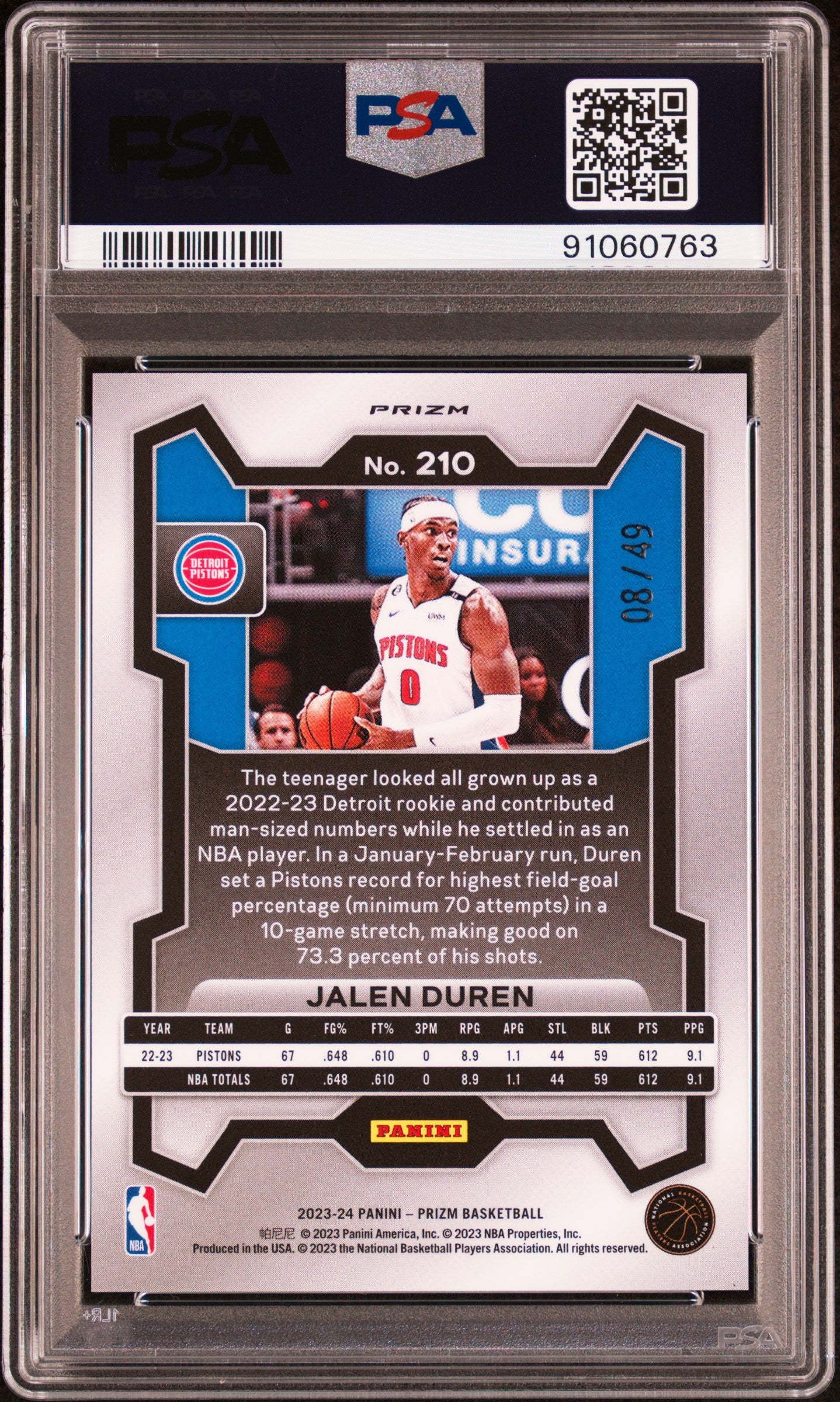 2023 Panini Prizm Jalen Duren #210 Blue Choice PSA 10