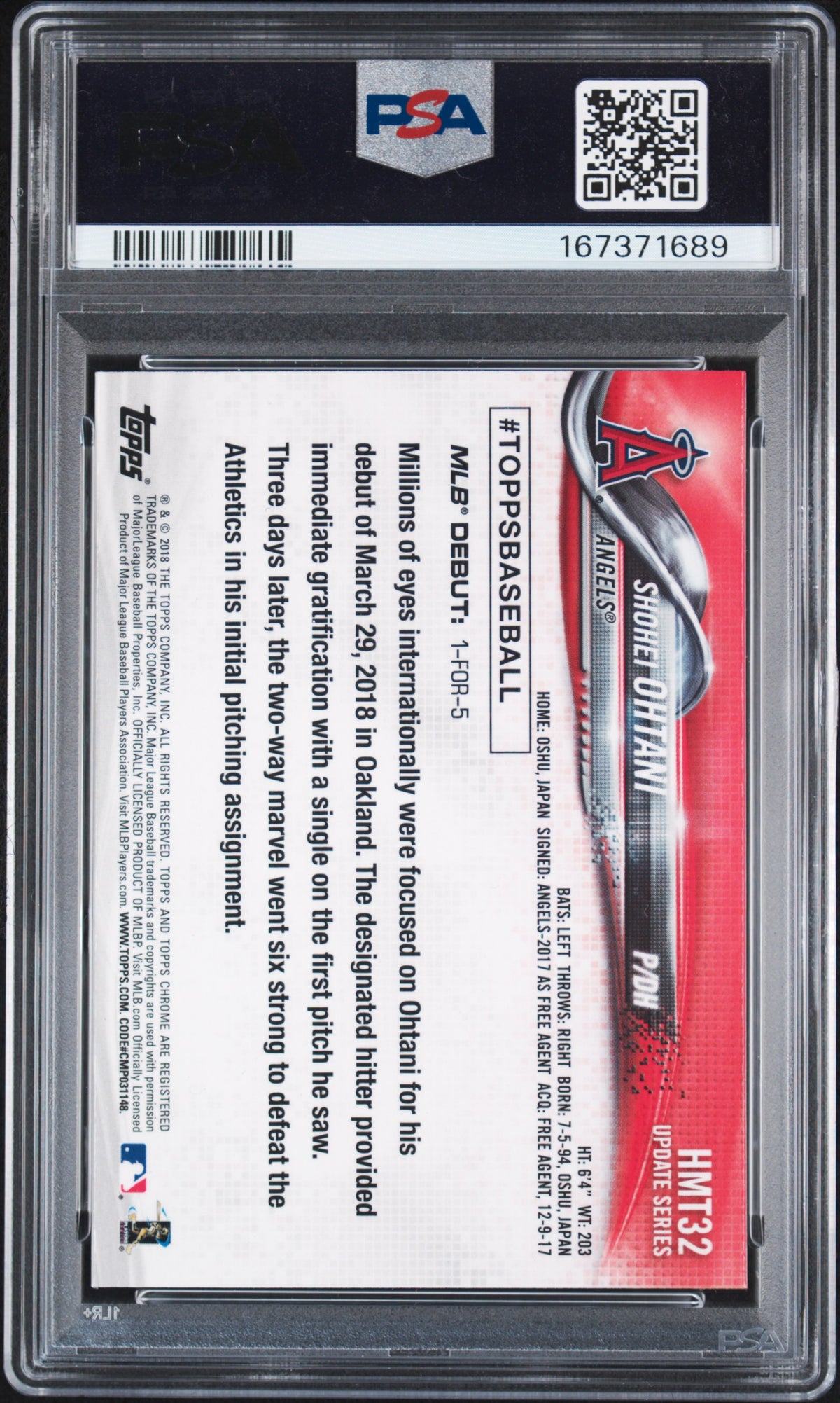 2018 Topps Chrome Update Baseball Shohei Ohtani #HMT32 PSA 10