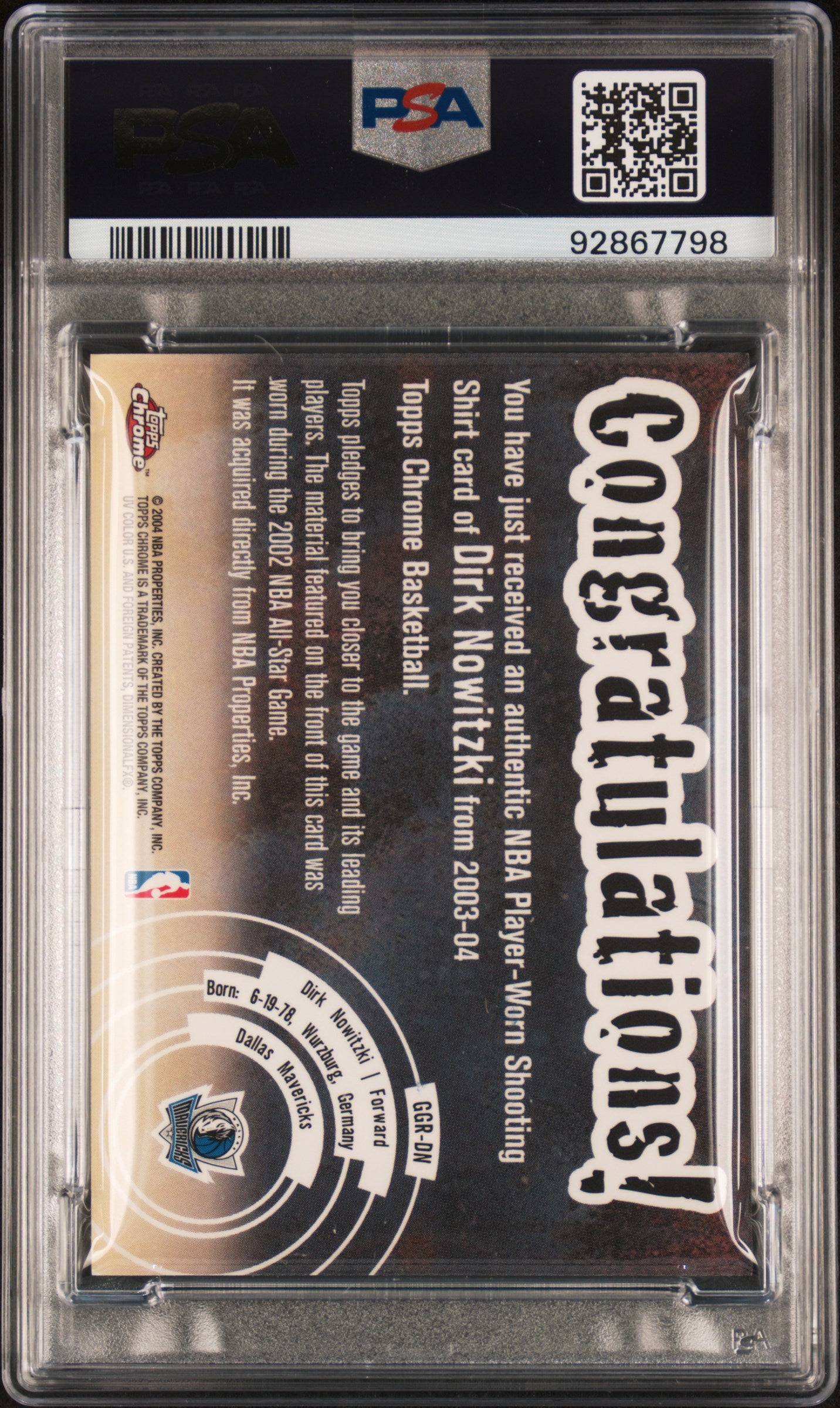 2003 Topps Chrome Gametime Gear Relics Dirk Nowitzki #GGRDN Gametime Gear Relics PSA 9