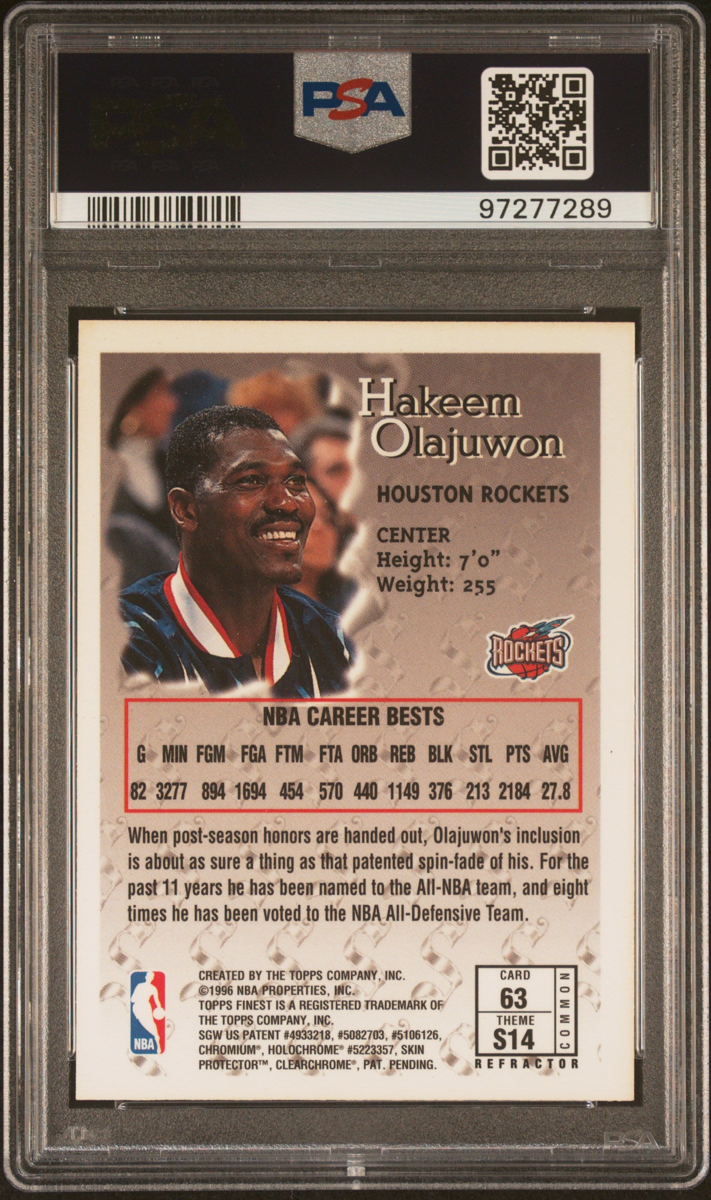 1996 Finest Hakeem Olajuwon #63 Refractor PSA 8