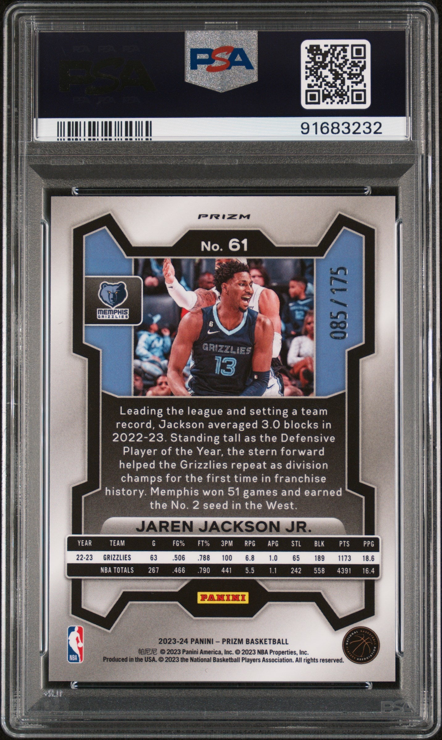 2023 Panini Prizm Jaren Jackson JR. #61 White Prizm PSA 10