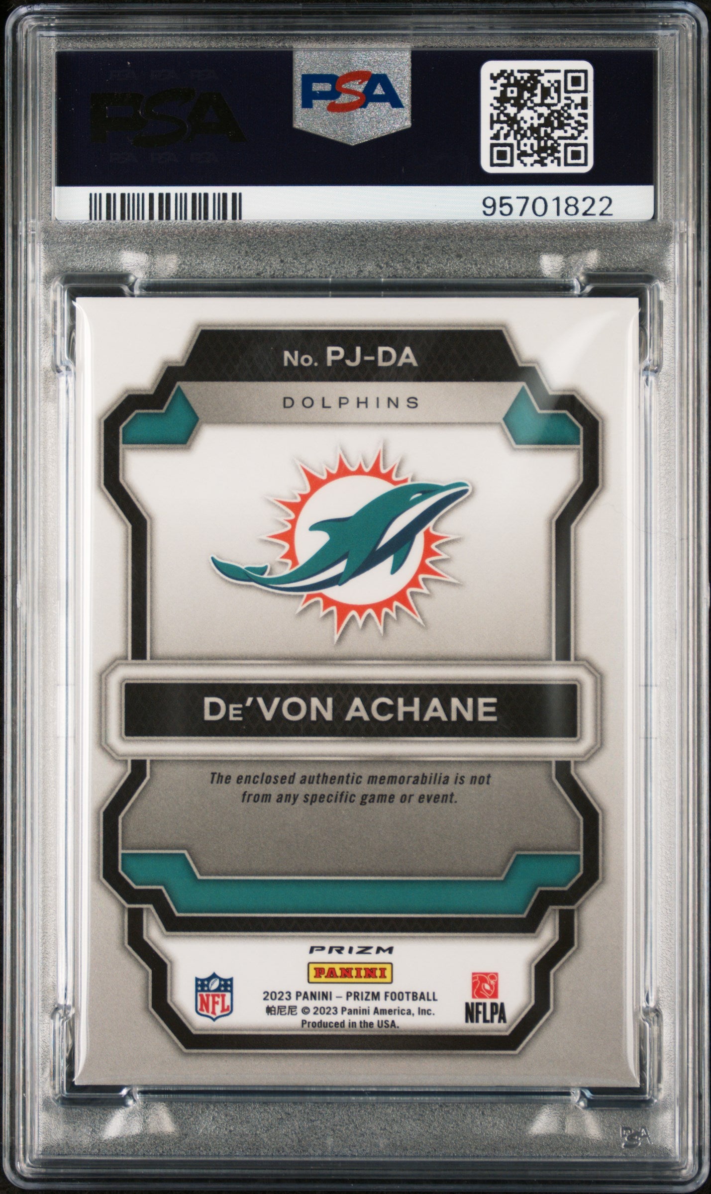 2023 Panini Prizm Premier Jerseys De'von Achane #PJDA Jsy Neon GRN Pulsar PSA 7