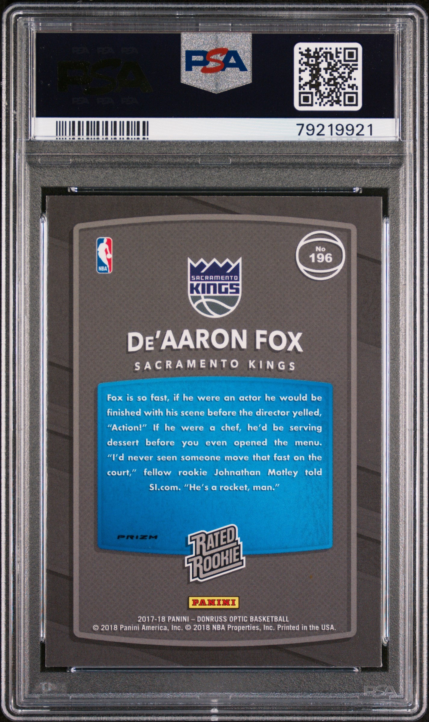 2017 Panini Donruss Optic De'aaron Fox #196 Blue Velocity PSA 9