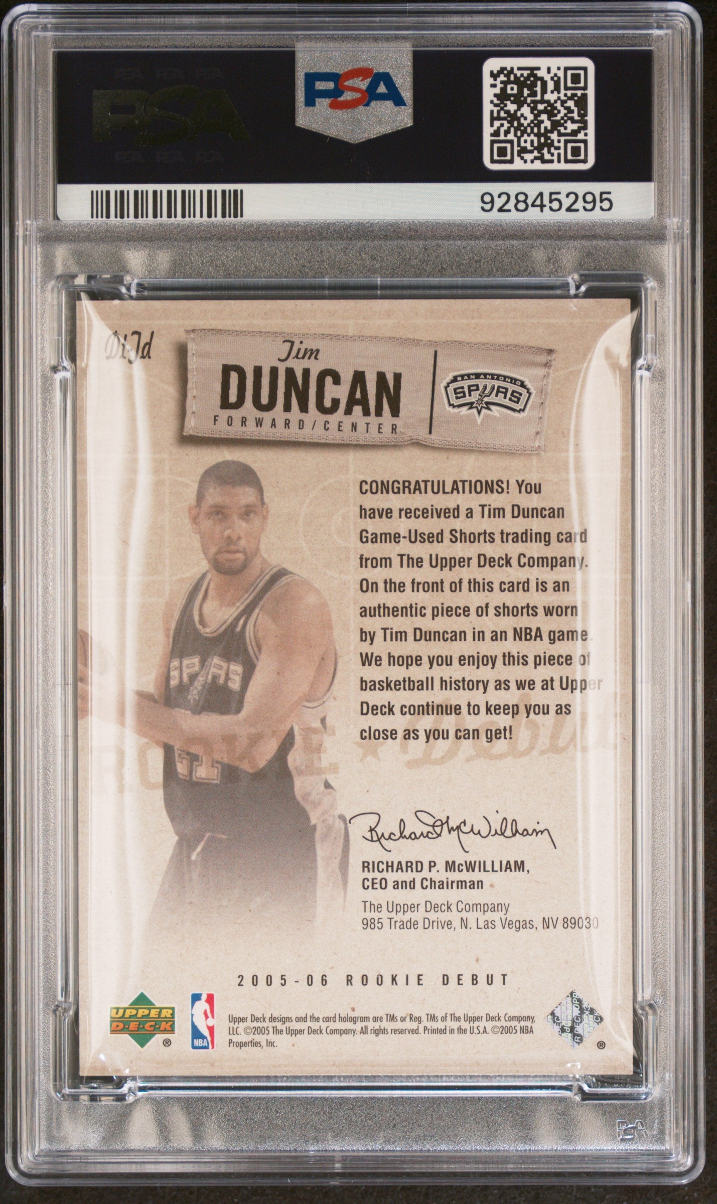 2005 Upper Deck Rookie Debut Threads Tim Duncan #DT-TD Threads PSA 10