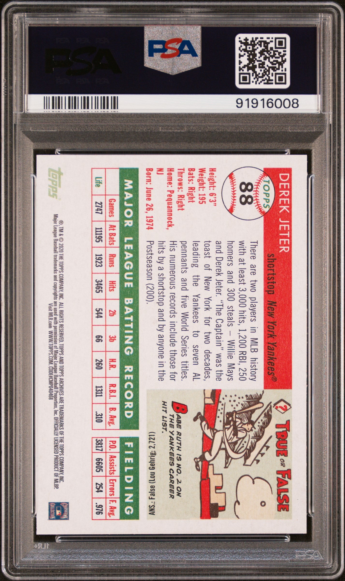 2020 Topps Archives Derek Jeter #88 PSA 10